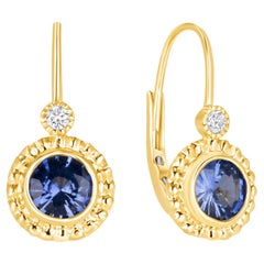 1.20 CT Natural Sapphire 0.08CT Diamonds 14K Yellow Gold Earrings