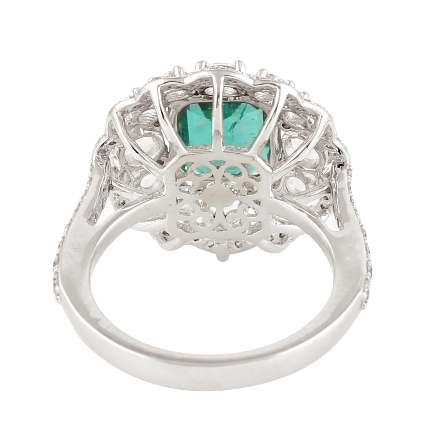 Mixed Cut 1.20Ct Zambian Emerald Flower Shaped Cocktail Ring Accented By Rose Cut Diamonds For Sale