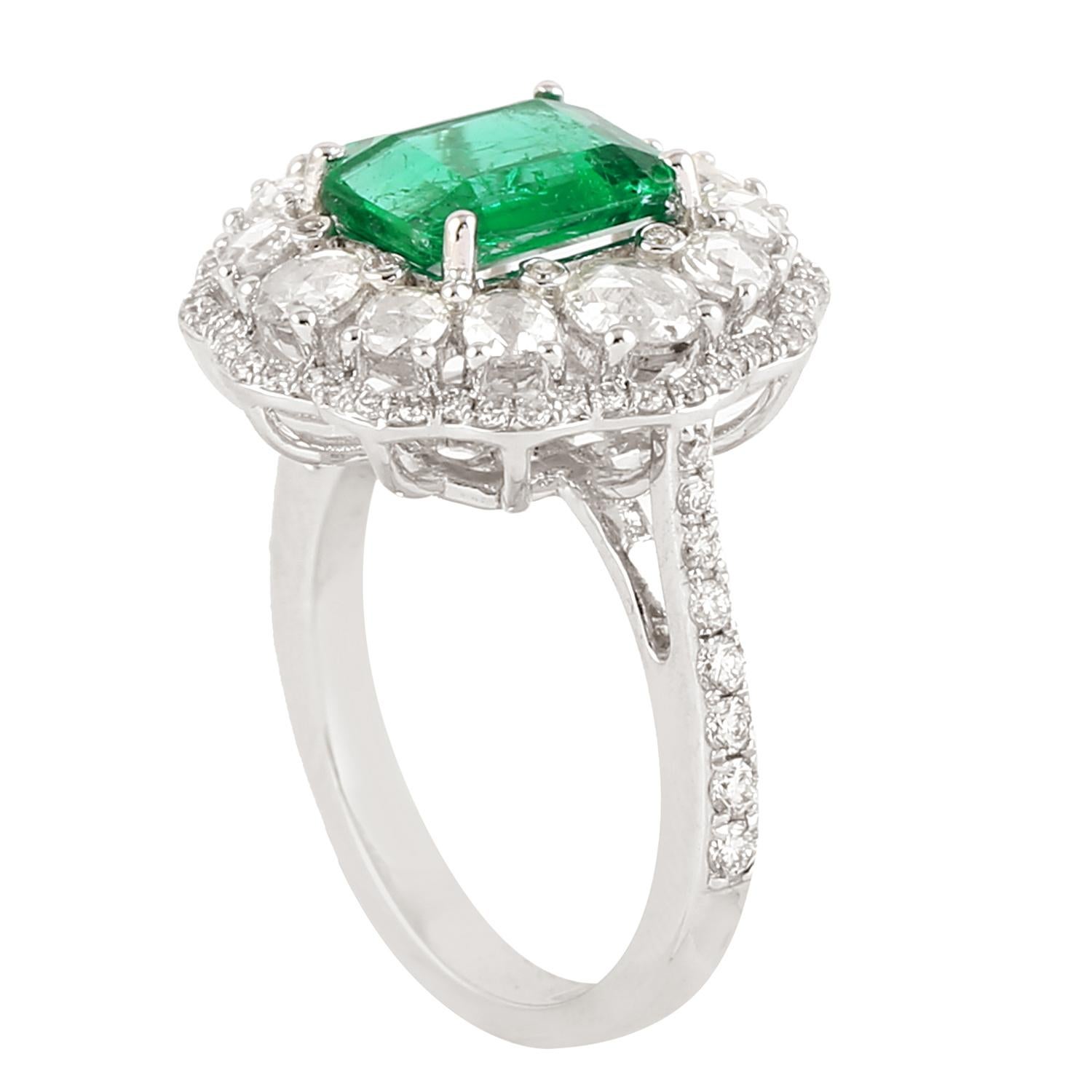 1.20Ct Zambian Emerald Flower Shaped Cocktail Ring Accented By Rose Cut Diamonds In New Condition For Sale In New York, NY