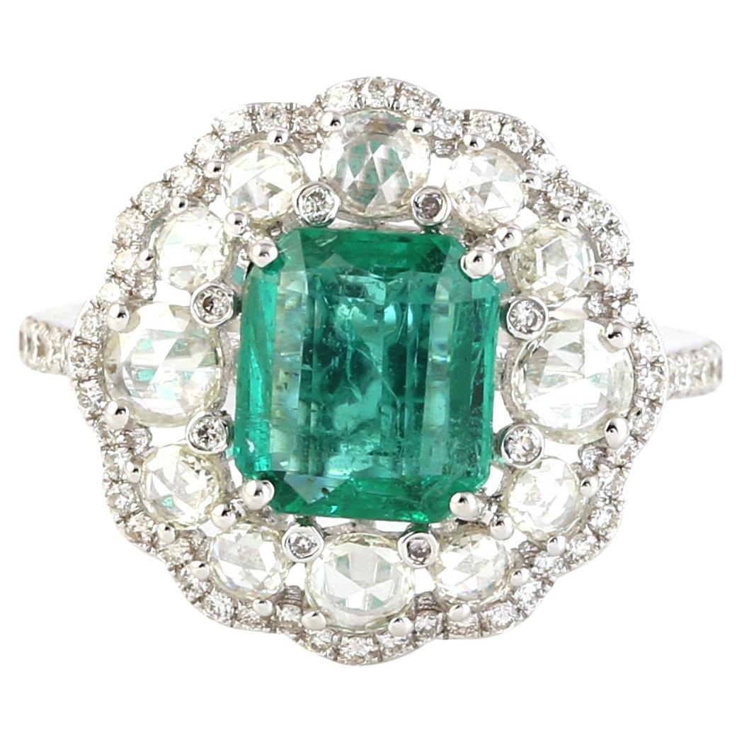 1.20Ct Zambian Emerald Flower Shaped Cocktail Ring Accented By Rose Cut Diamonds For Sale