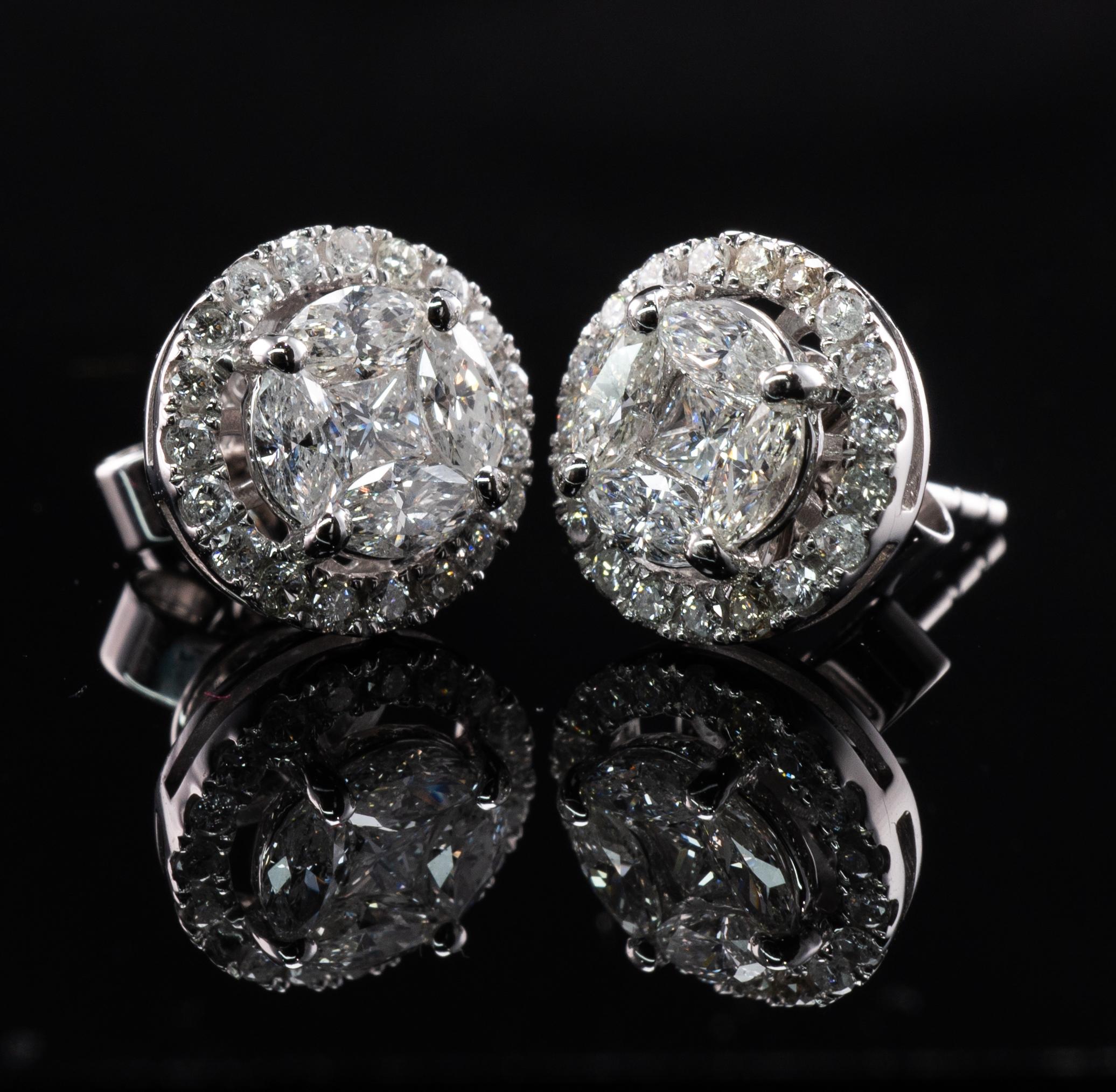1.20 Ctw Diamond Cluster Earrings, Round 14K White Gold Studs For Sale 4
