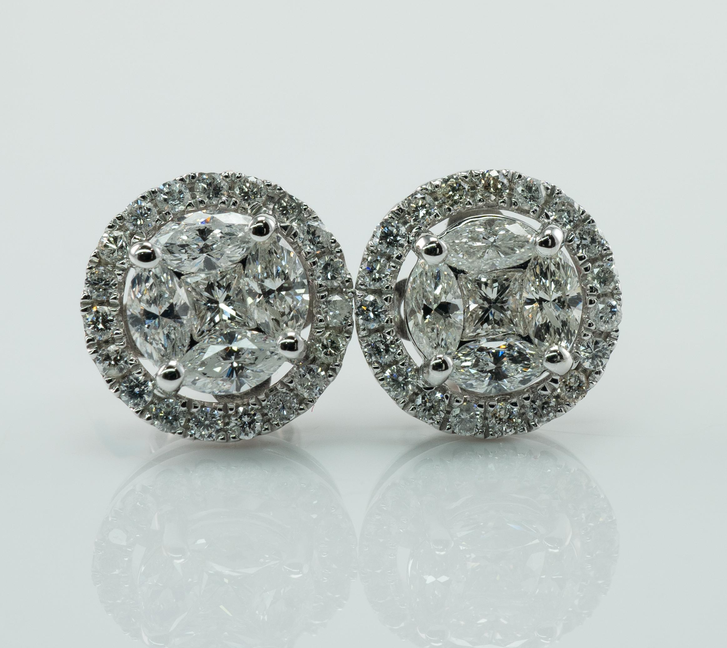 Women's 1.20 Ctw Diamond Cluster Earrings, Round 14K White Gold Studs For Sale