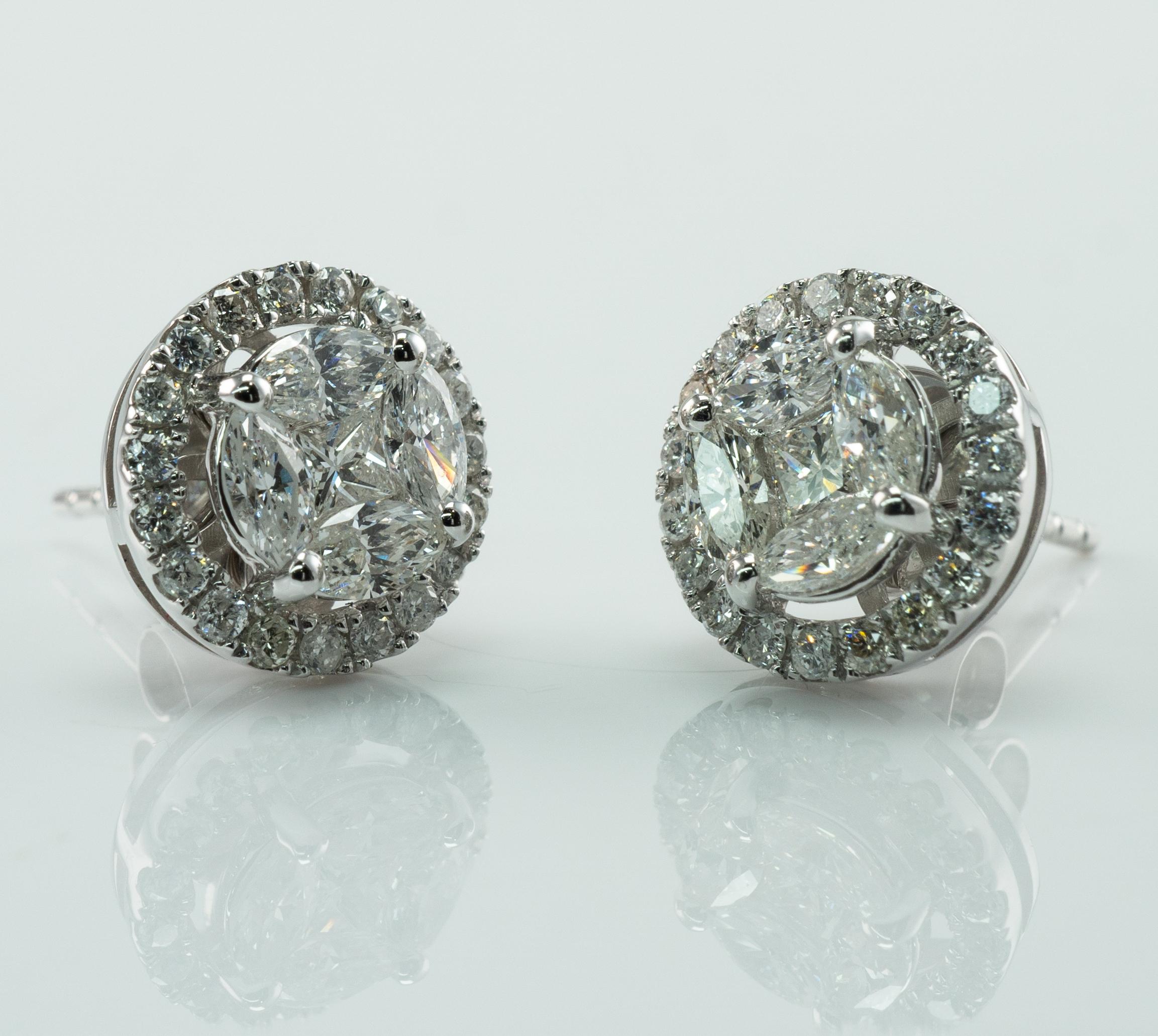 1.20 Ctw Diamond Cluster Earrings, Round 14K White Gold Studs For Sale 1