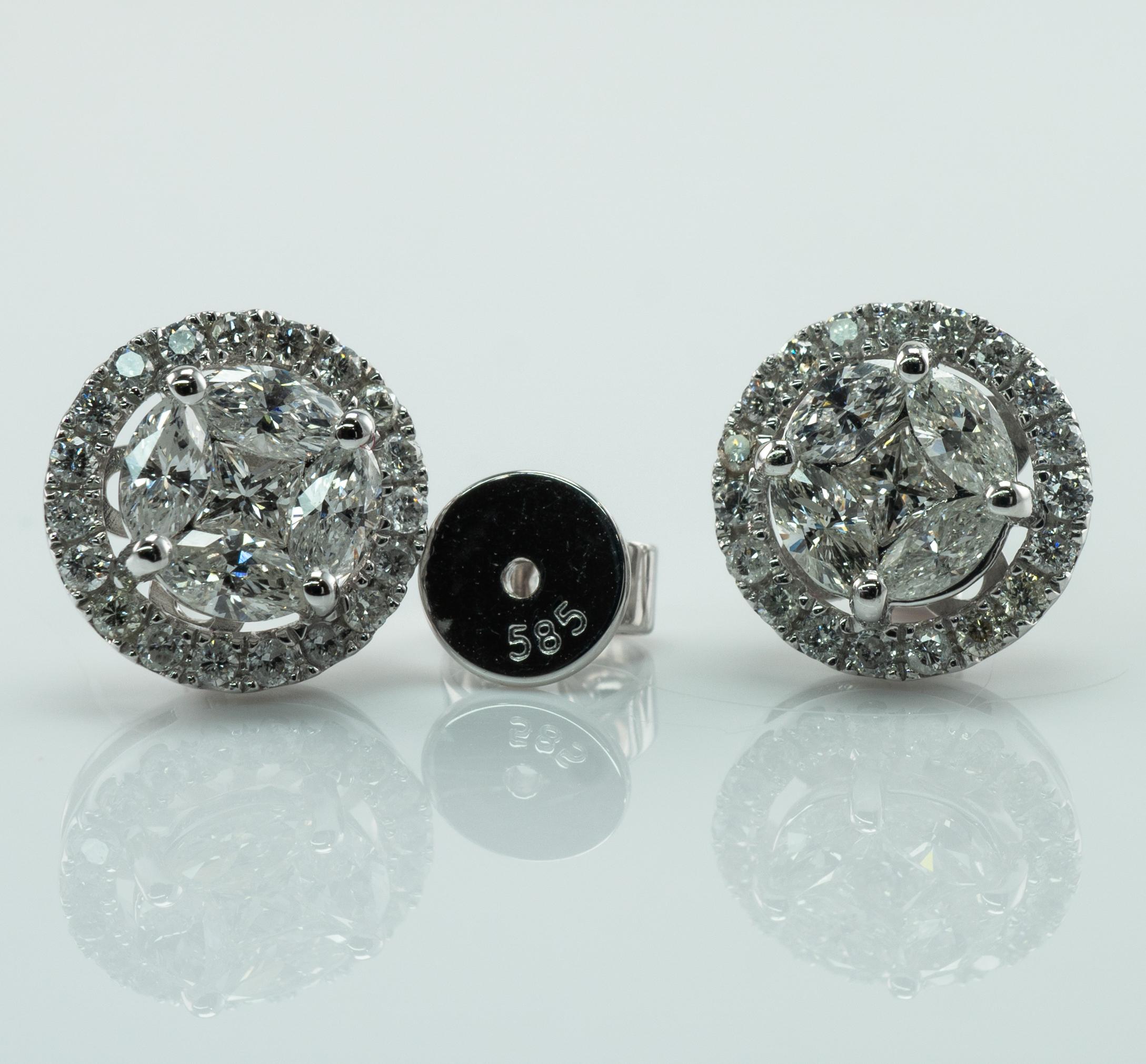 1.20 Ctw Diamond Cluster Earrings, Round 14K White Gold Studs For Sale 2