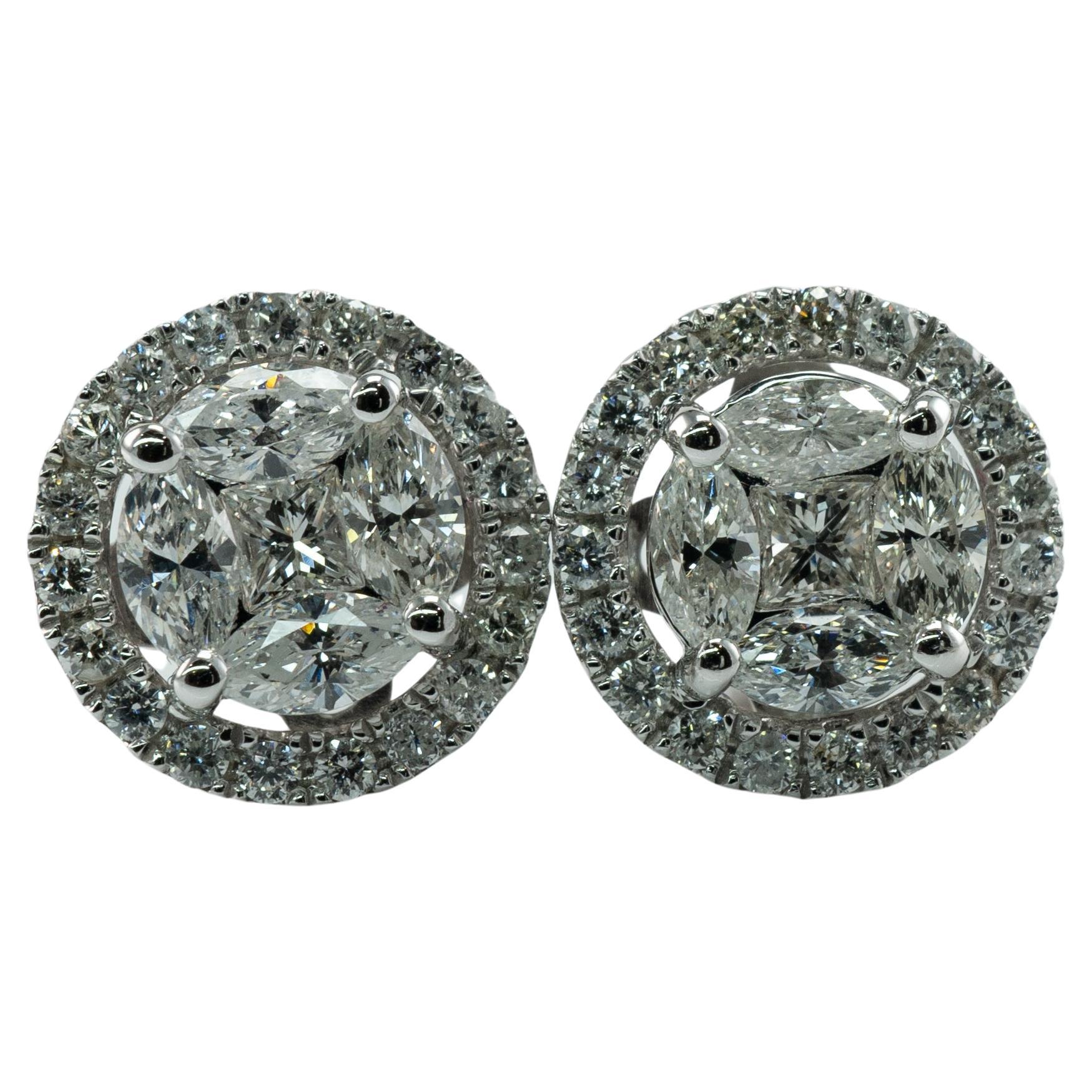1.20 Ctw Diamond Cluster Earrings, Round 14K White Gold Studs
