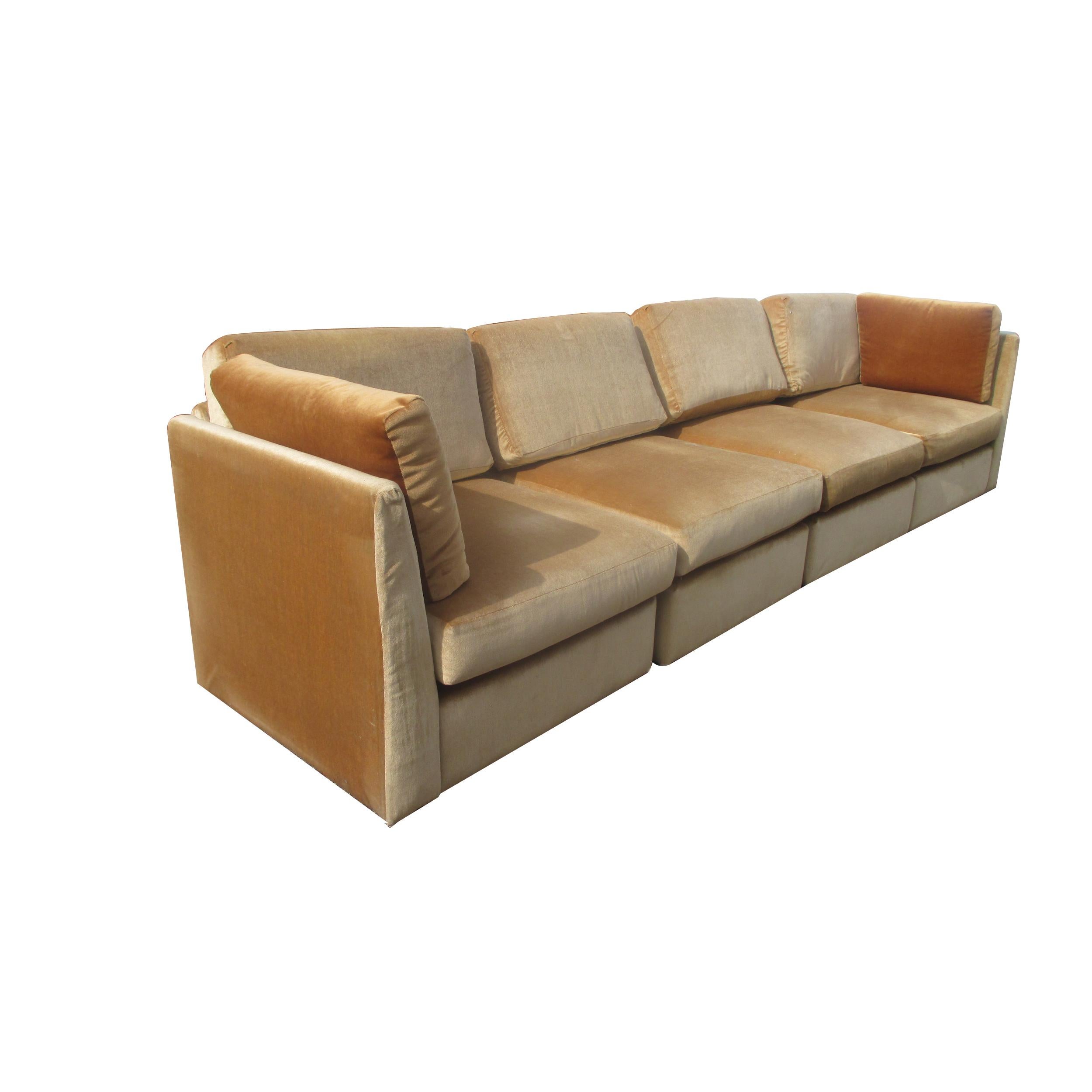 Modern velvet modular sectional sofa

Stunning low profile sofa in rich gold velvet. Modular pieces that can be used apart or as a 120