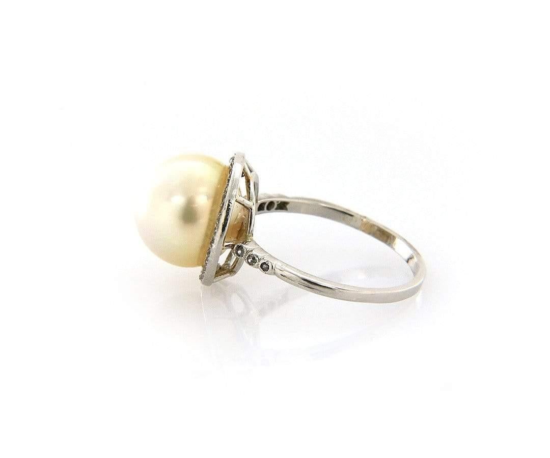 Old European Cut Golden South Sea Pearl and Euro Cut Diamond Ring in Platinum For Sale