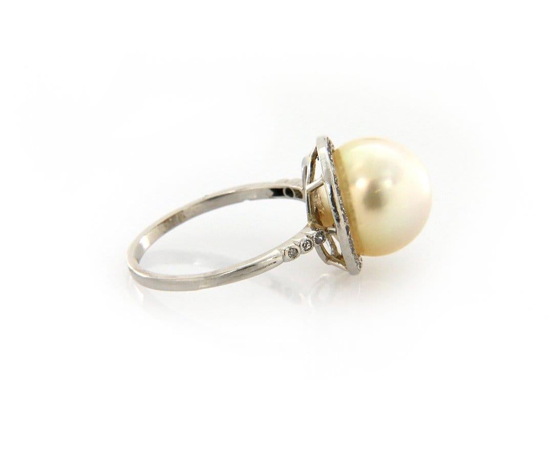 Women's Golden South Sea Pearl and Euro Cut Diamond Ring in Platinum For Sale
