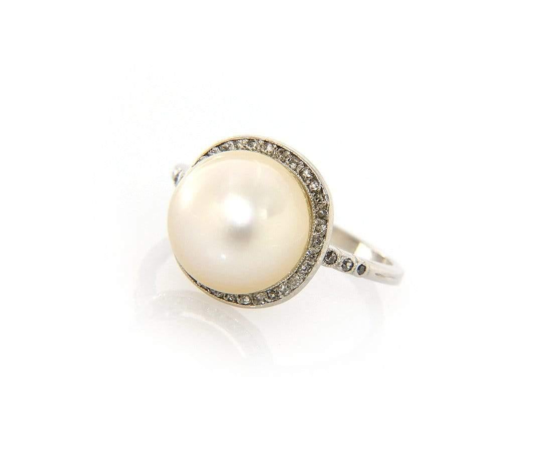 Golden South Sea Pearl and Euro Cut Diamond Ring in Platinum For Sale 1