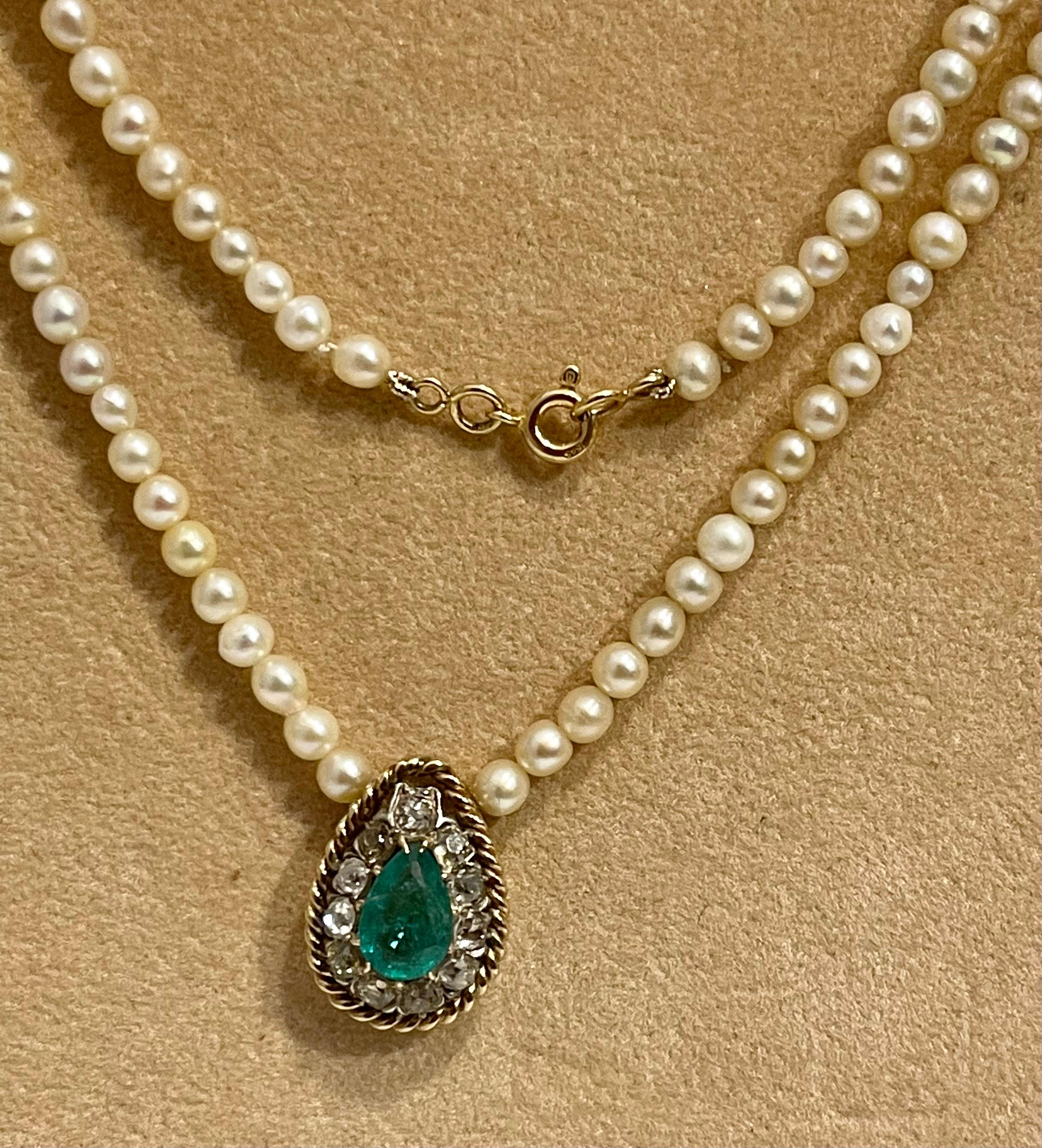 Emerald Cut 120 Years Old GIA Certified Natural Basra Pearls & Emerald Necklace 14KY Gold For Sale