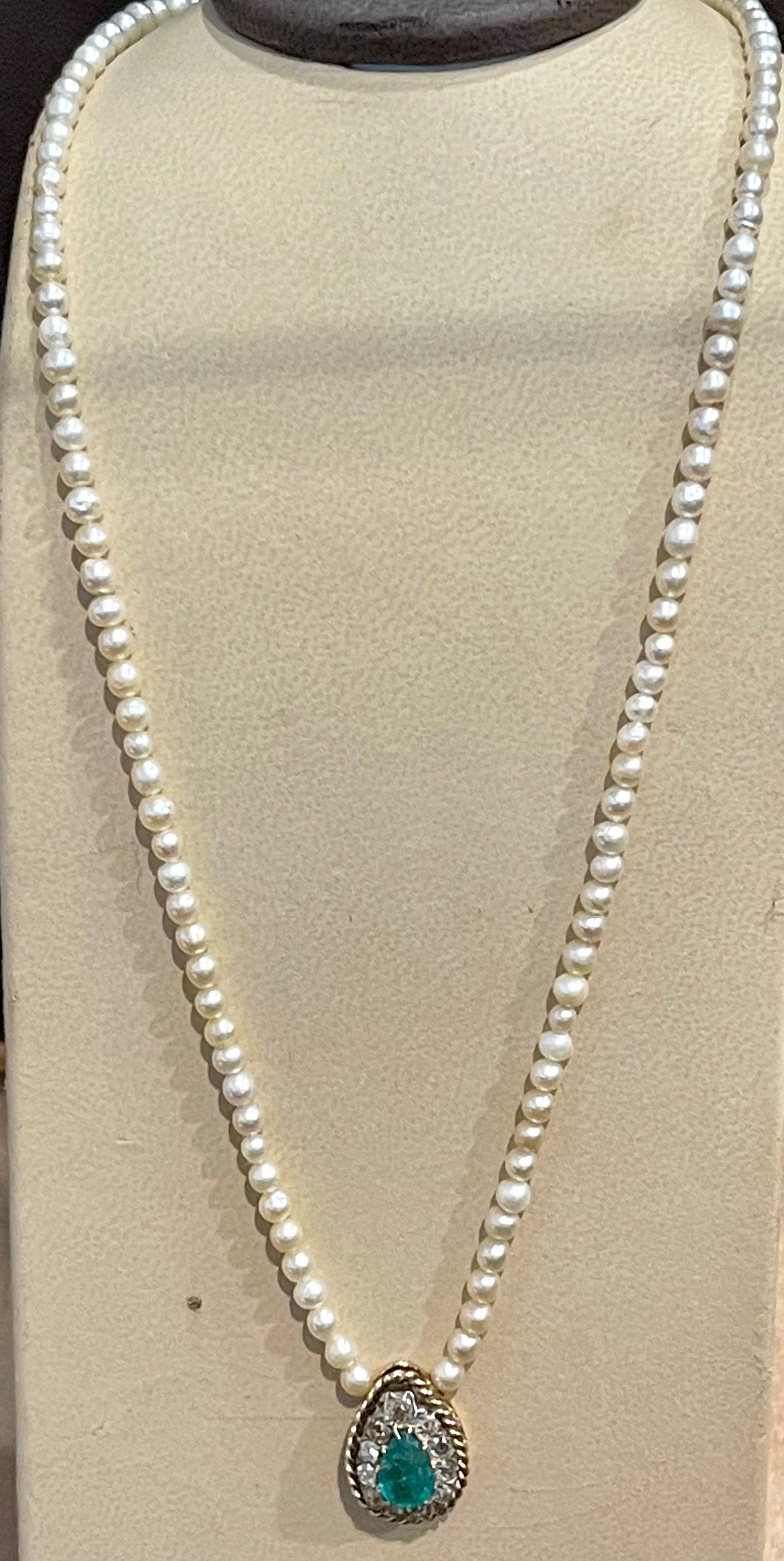 120 Years Old GIA Certified Natural Basra Pearls & Emerald Necklace 14KY Gold In Excellent Condition For Sale In New York, NY