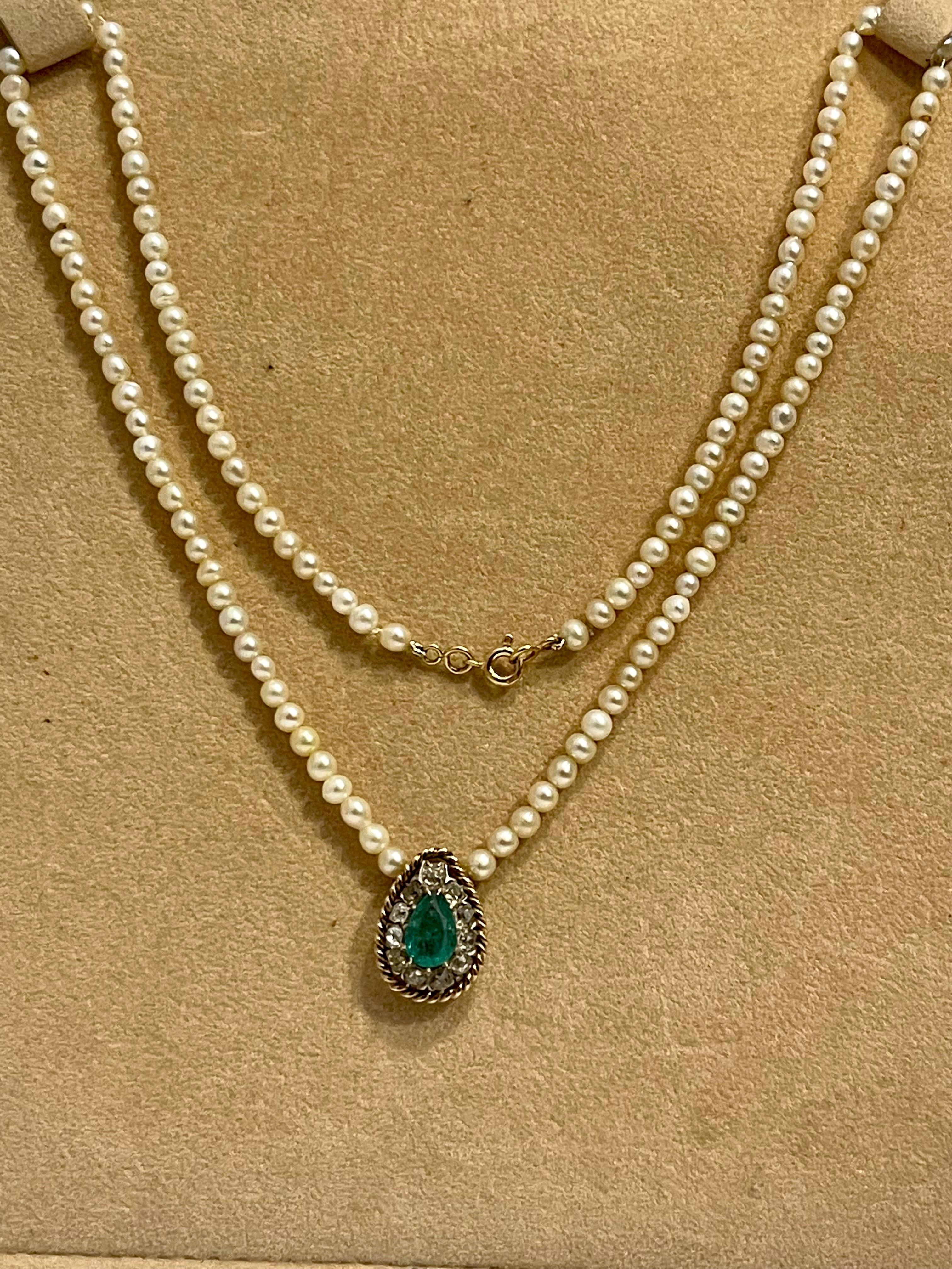 Women's 120 Years Old GIA Certified Natural Basra Pearls & Emerald Necklace 14KY Gold For Sale