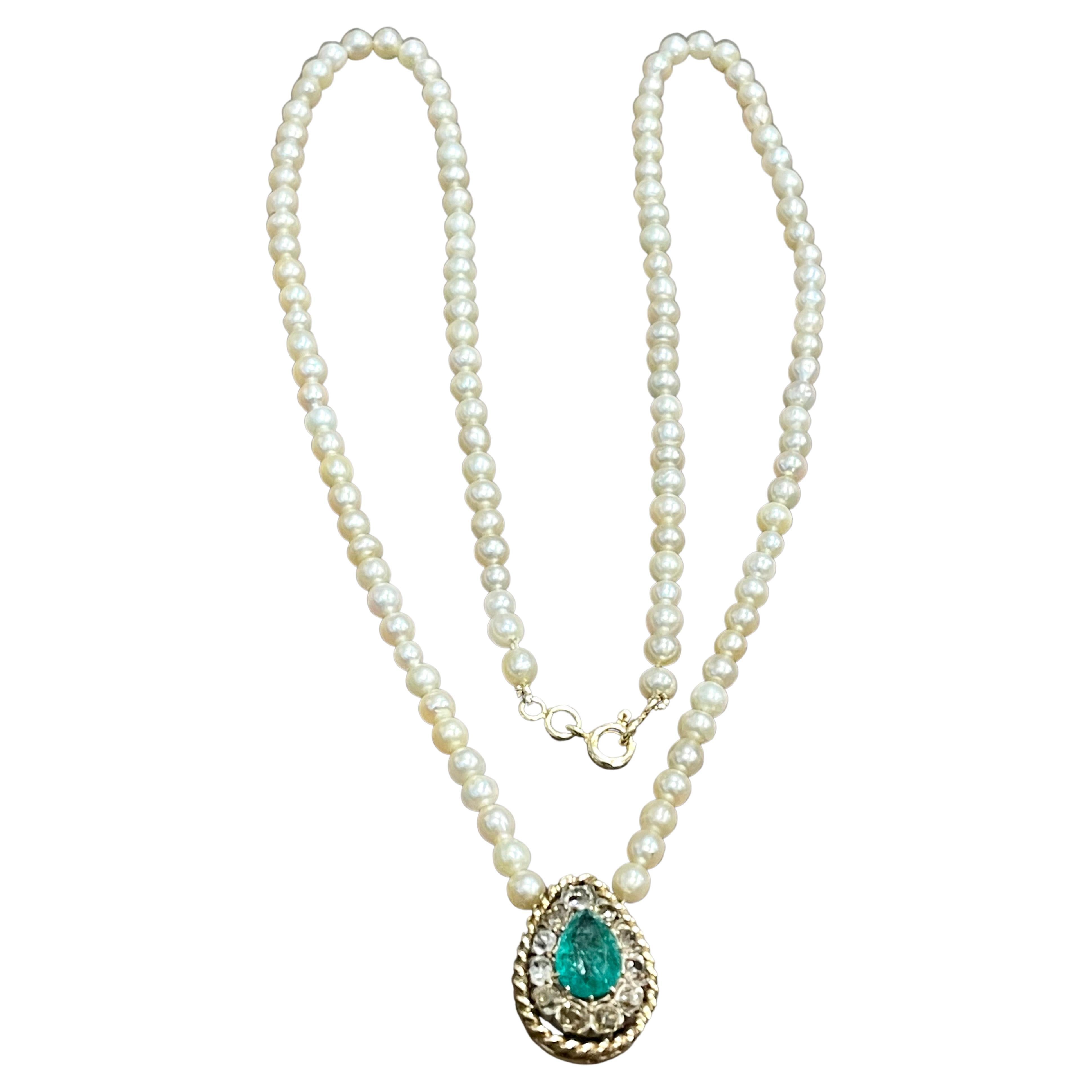 120 Years Old GIA Certified Natural Basra Pearls & Emerald Necklace 14KY Gold For Sale