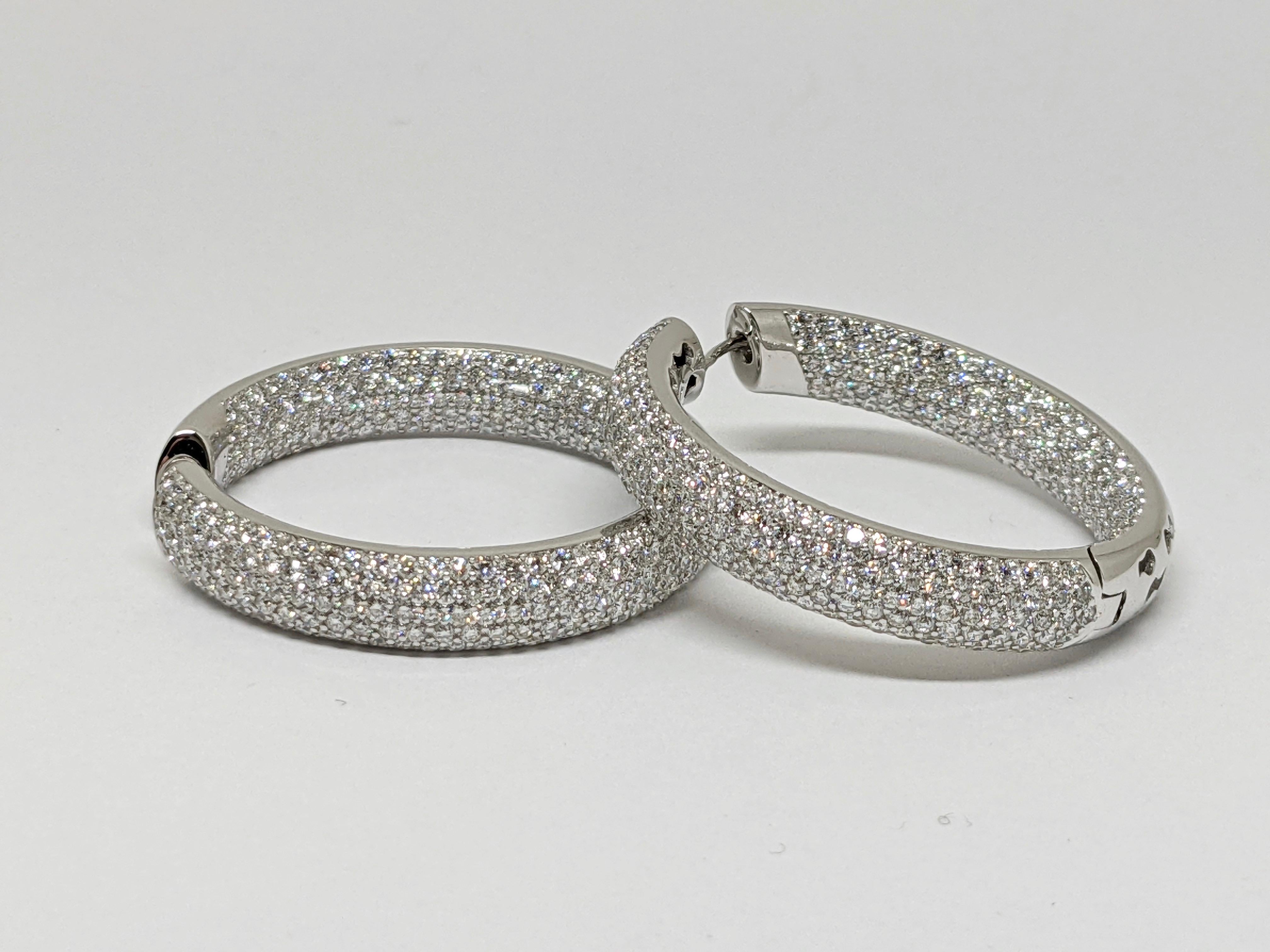 Round Cut 12.00 Carat 18 Karat White Gold Diamond Hoop Earrings For Sale