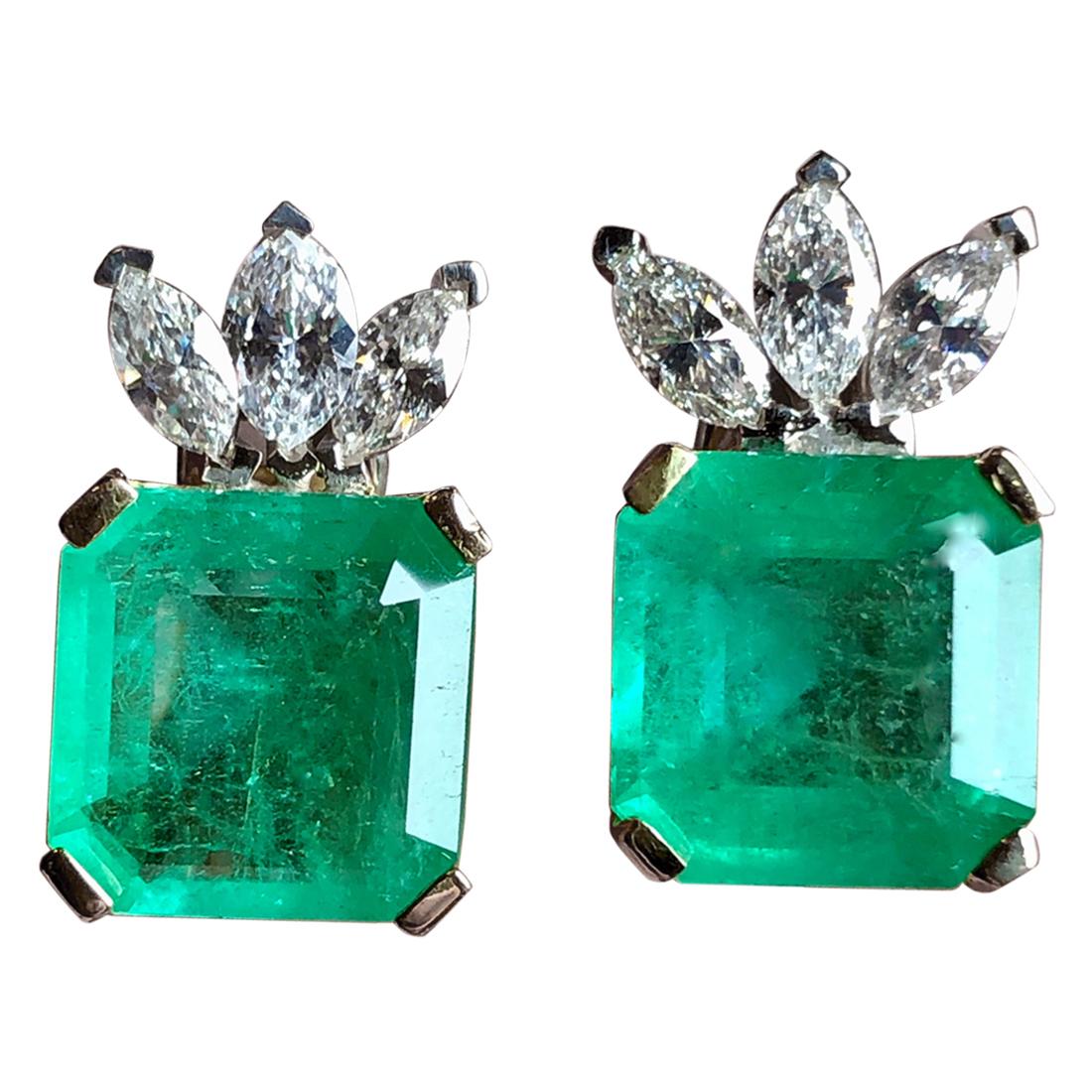 Emeralds Maravellous Certified Square Colombian Emerald Diamond Earrings 12.20CT