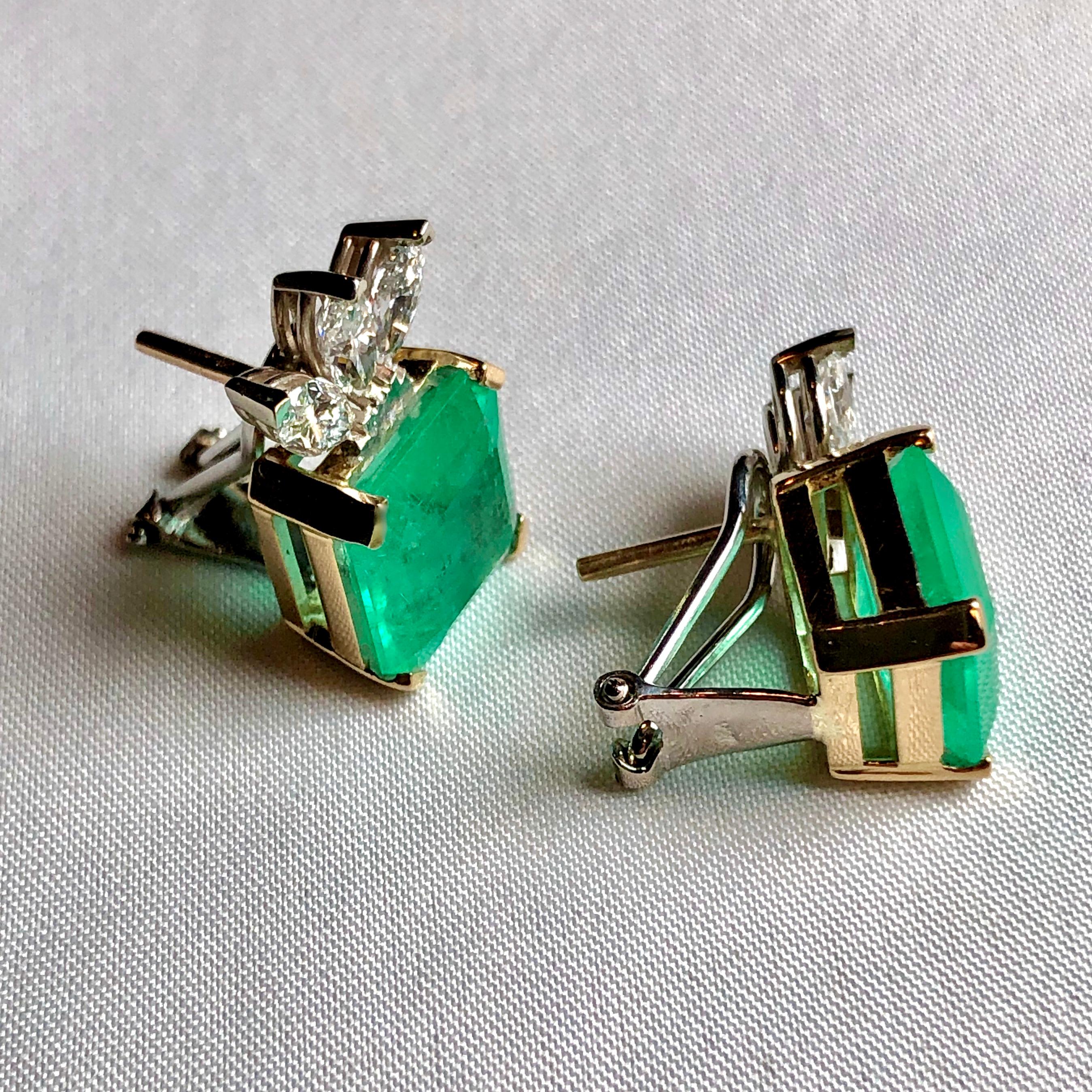Contemporary Emeralds Maravellous Certified Square Colombian Emerald Diamond Earrings 12.20CT