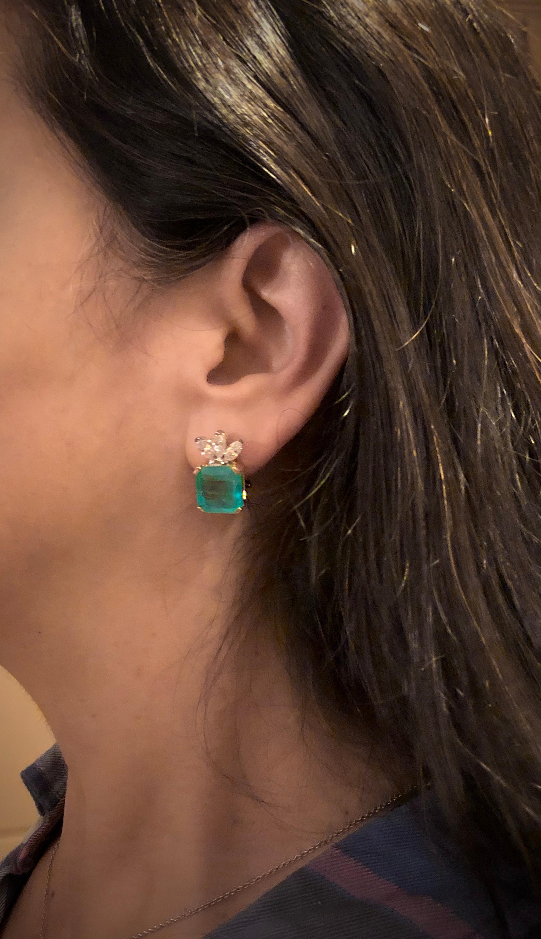 Women's Emeralds Maravellous Certified Square Colombian Emerald Diamond Earrings 12.20CT