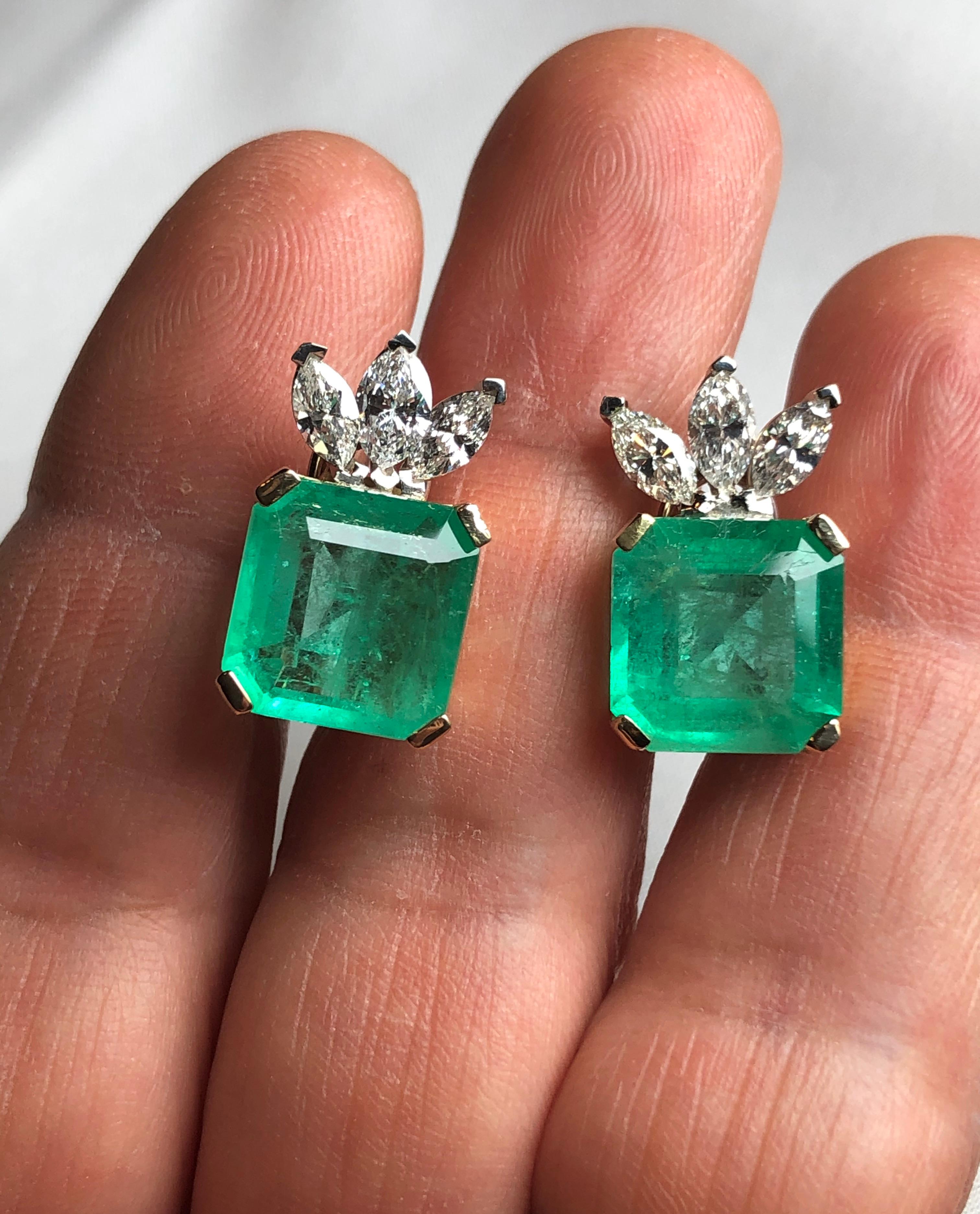 Emeralds Maravellous Certified Square Colombian Emerald Diamond Earrings 12.20CT 2