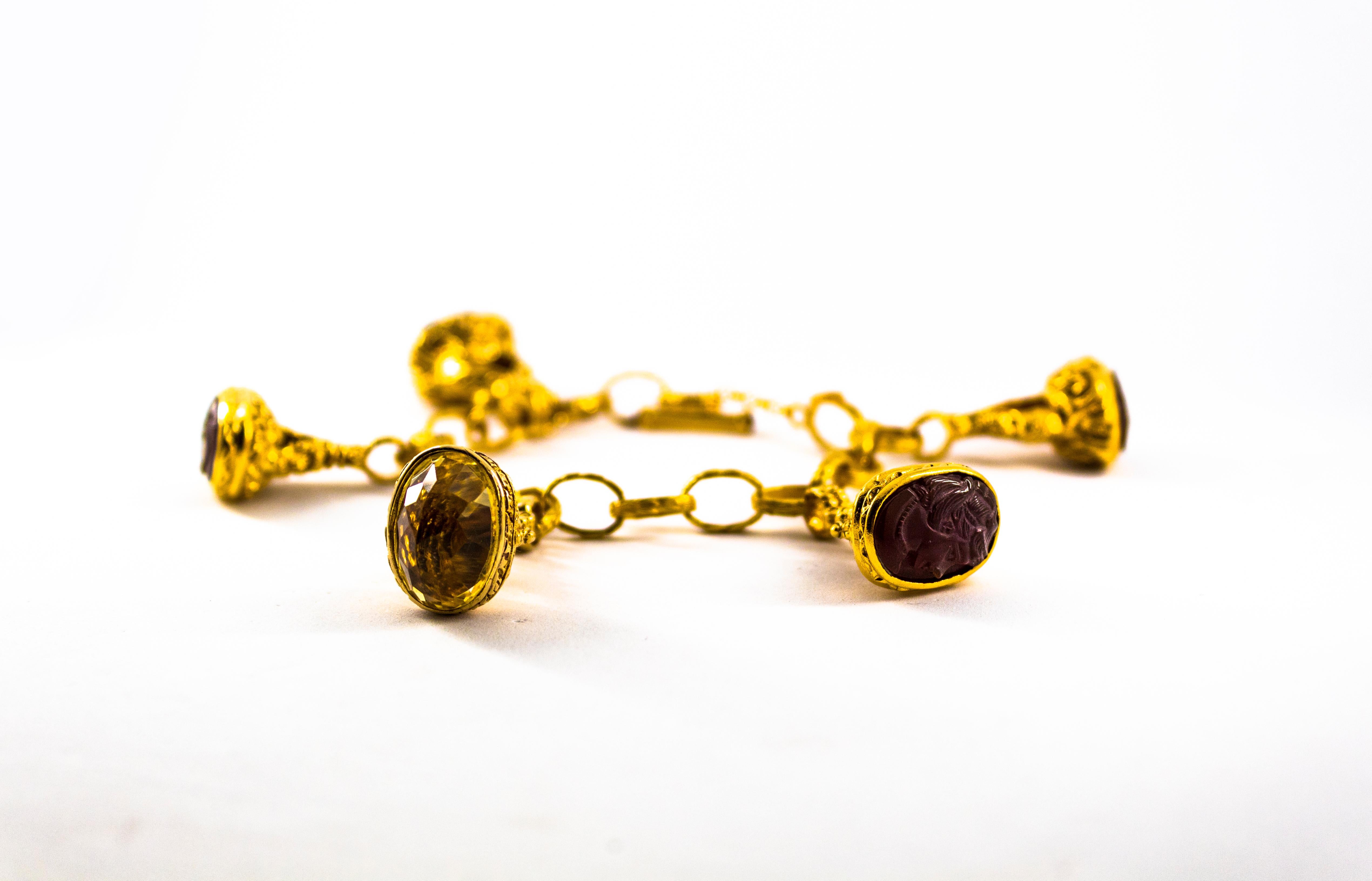 12.00 Carat Citrine 0.24 Carat Ruby Carnelian Yellow Gold Charm Bracelet For Sale 1