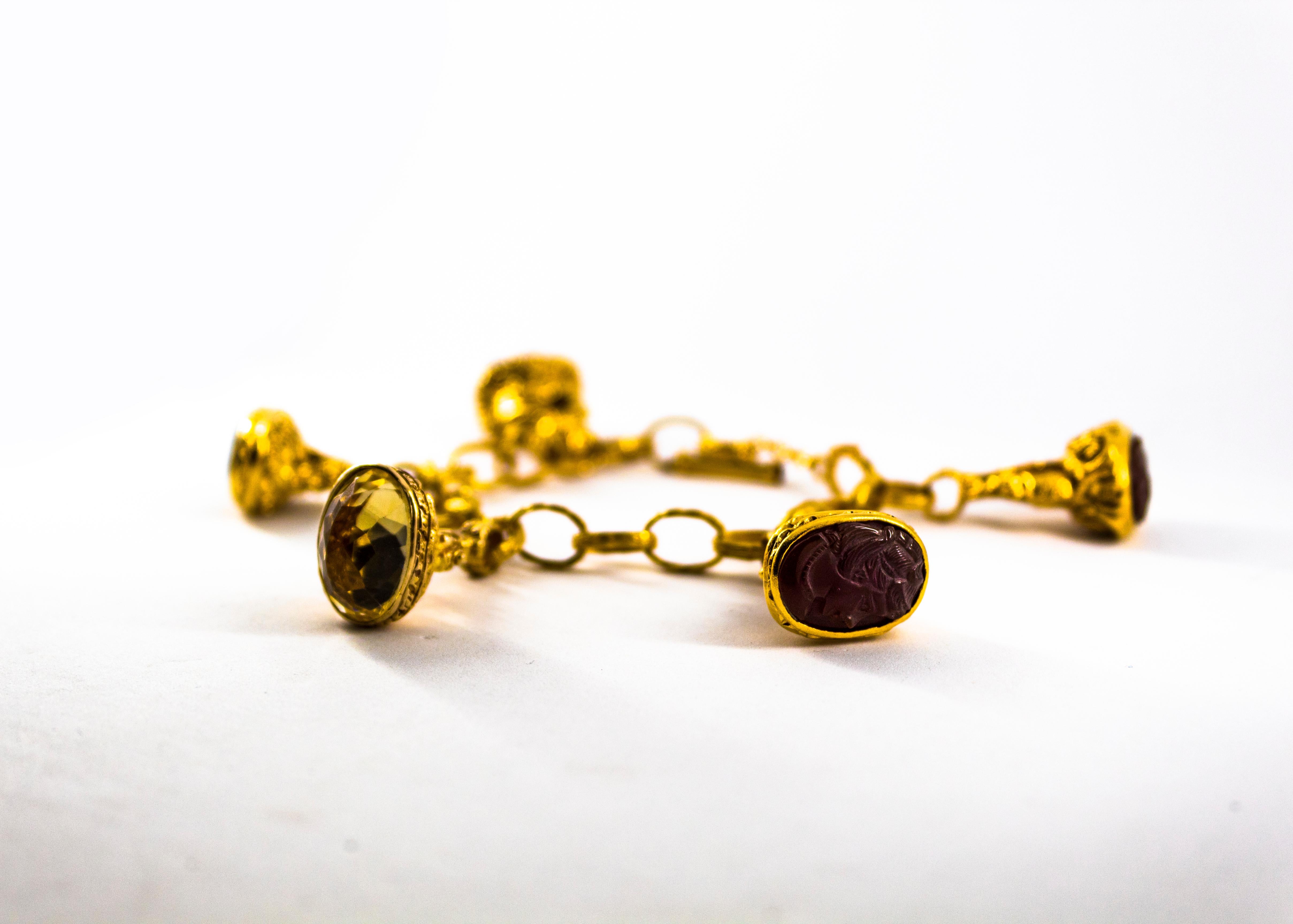 12.00 Carat Citrine 0.24 Carat Ruby Carnelian Yellow Gold Charm Bracelet For Sale 2