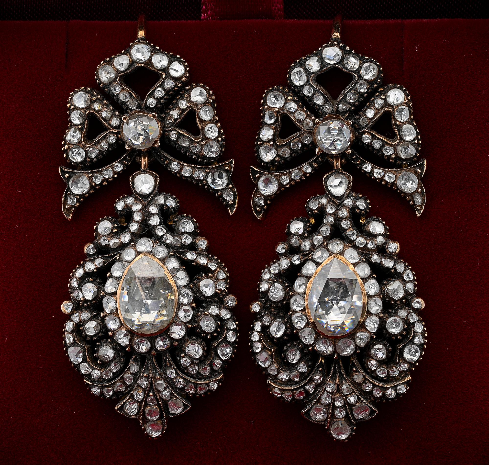 Rose Cut 12.00 Carat Diamond Antique Style Pendeloque Georgian Earrings For Sale
