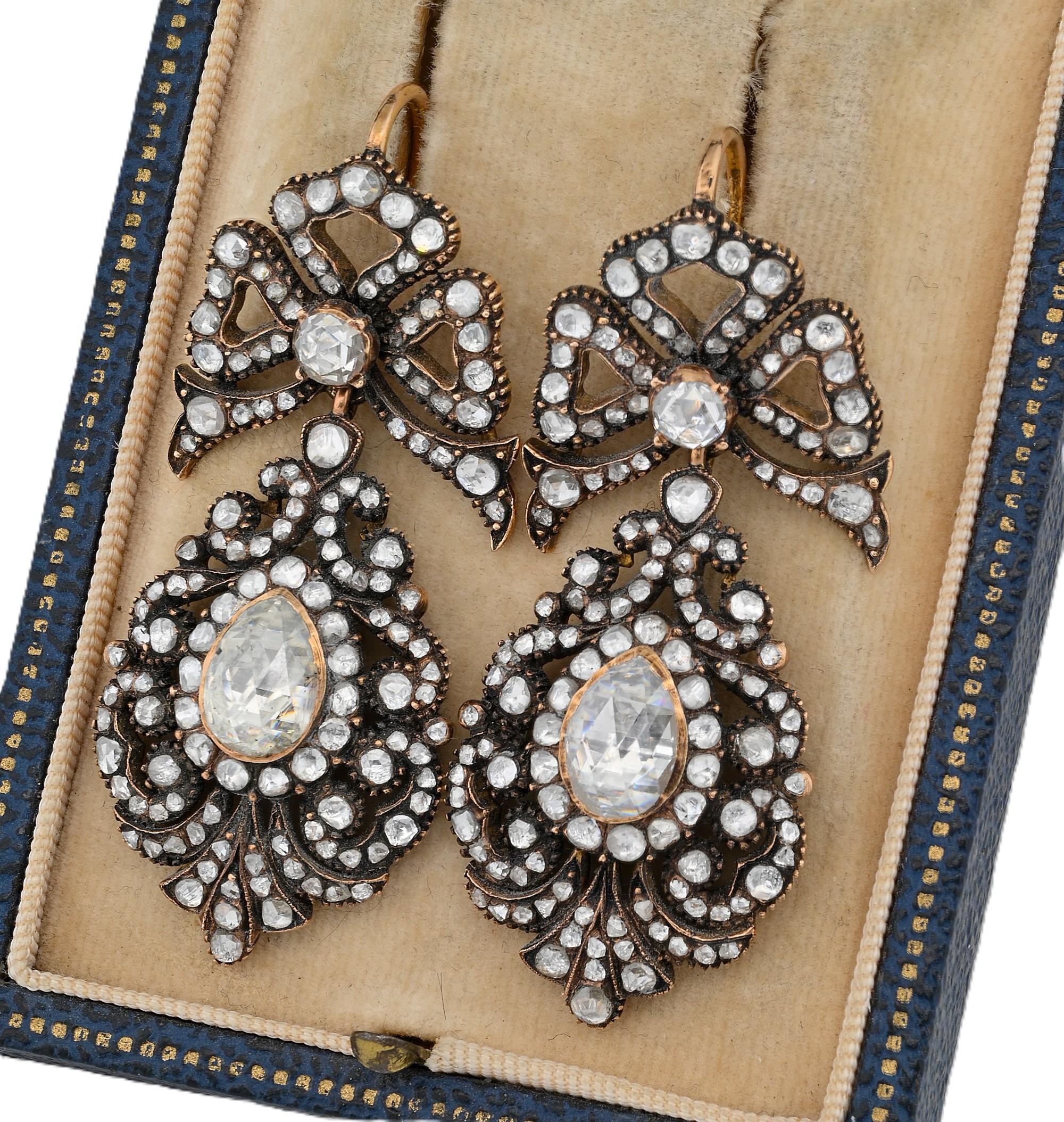 12.00 Carat Diamond Antique Style Pendeloque Georgian Earrings For Sale 1
