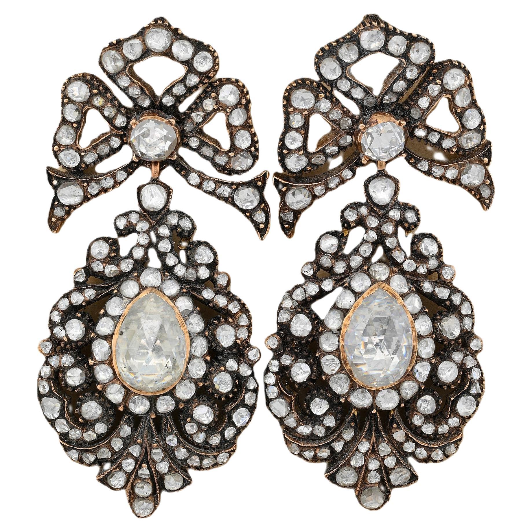 12.00 Carat Diamond Antique Style Pendeloque Georgian Earrings For Sale