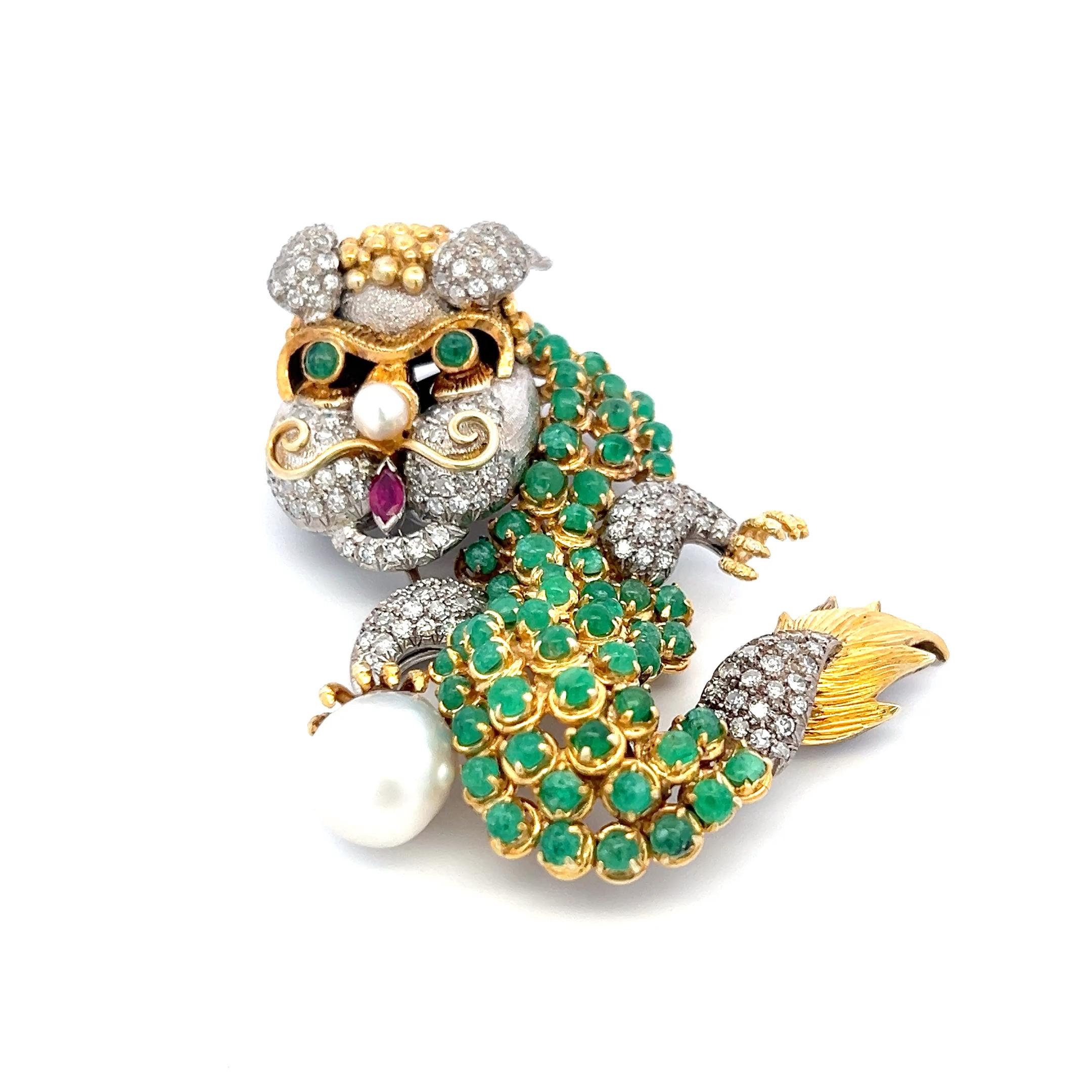 Women's 12.00 Carat Emerald 8.00 Carat Round Diamond 5.2MM Pearl 14K Gold Pin Brooch For Sale