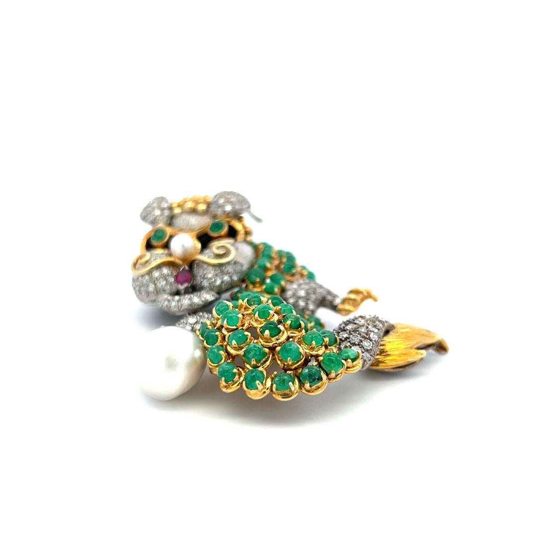 12.00 Carat Emerald 8.00 Carat Round Diamond 5.2MM Pearl 14K Gold Pin Brooch For Sale 1