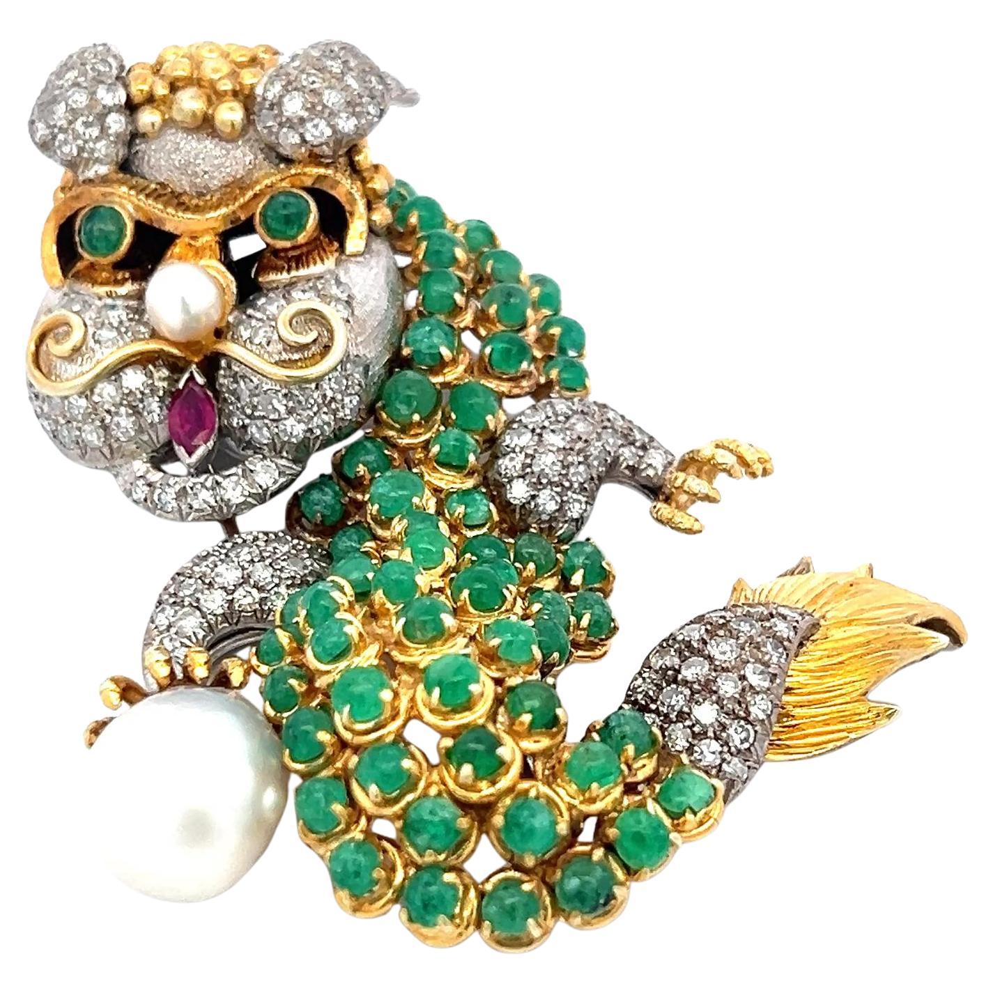 12.00 Carat Emerald 8.00 Carat Round Diamond 5.2MM Pearl 14K Gold Pin Brooch