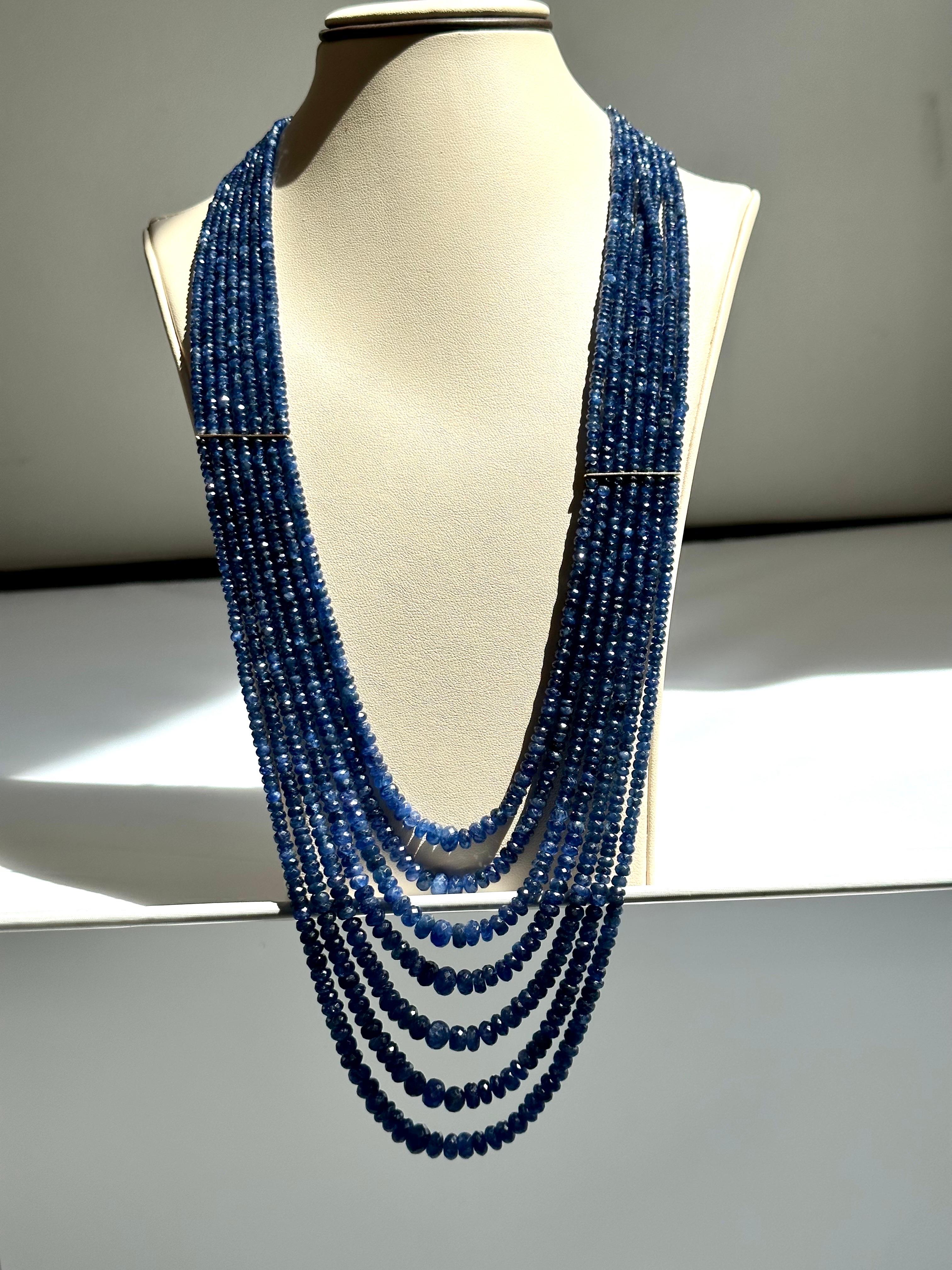 1200 Carat Natural Sapphire Bead Seven Strand Necklace 14k Gold with Spacer, 32  For Sale 8