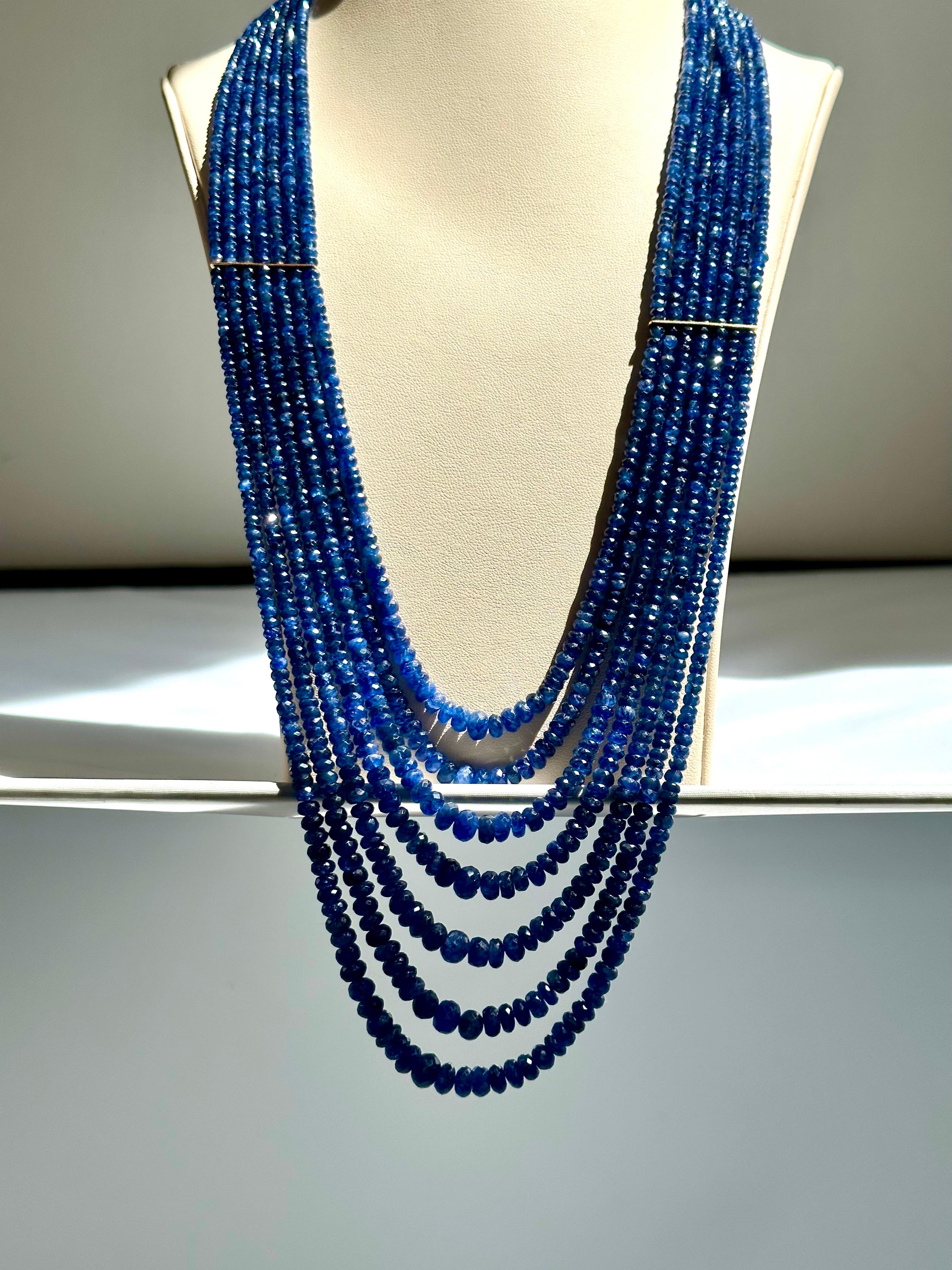 1200 Carat Natural Sapphire Bead Seven Strand Necklace 14k Gold with Spacer, 32  For Sale 9