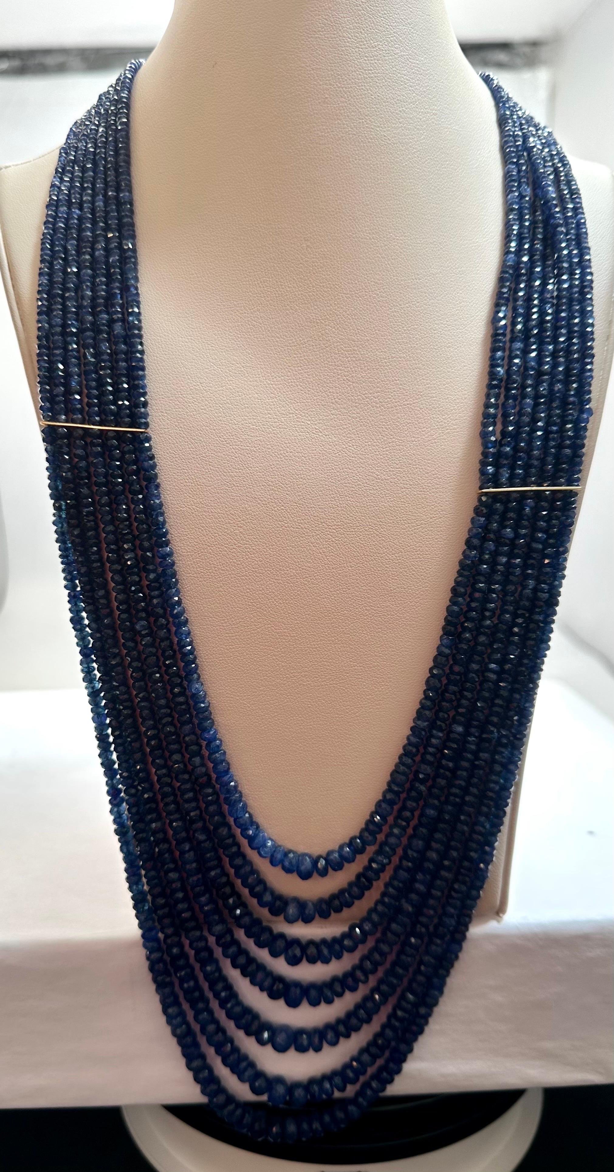 1200 Carat Natural Sapphire Bead Seven Strand Necklace 14k Gold with Spacer, 32  For Sale 10