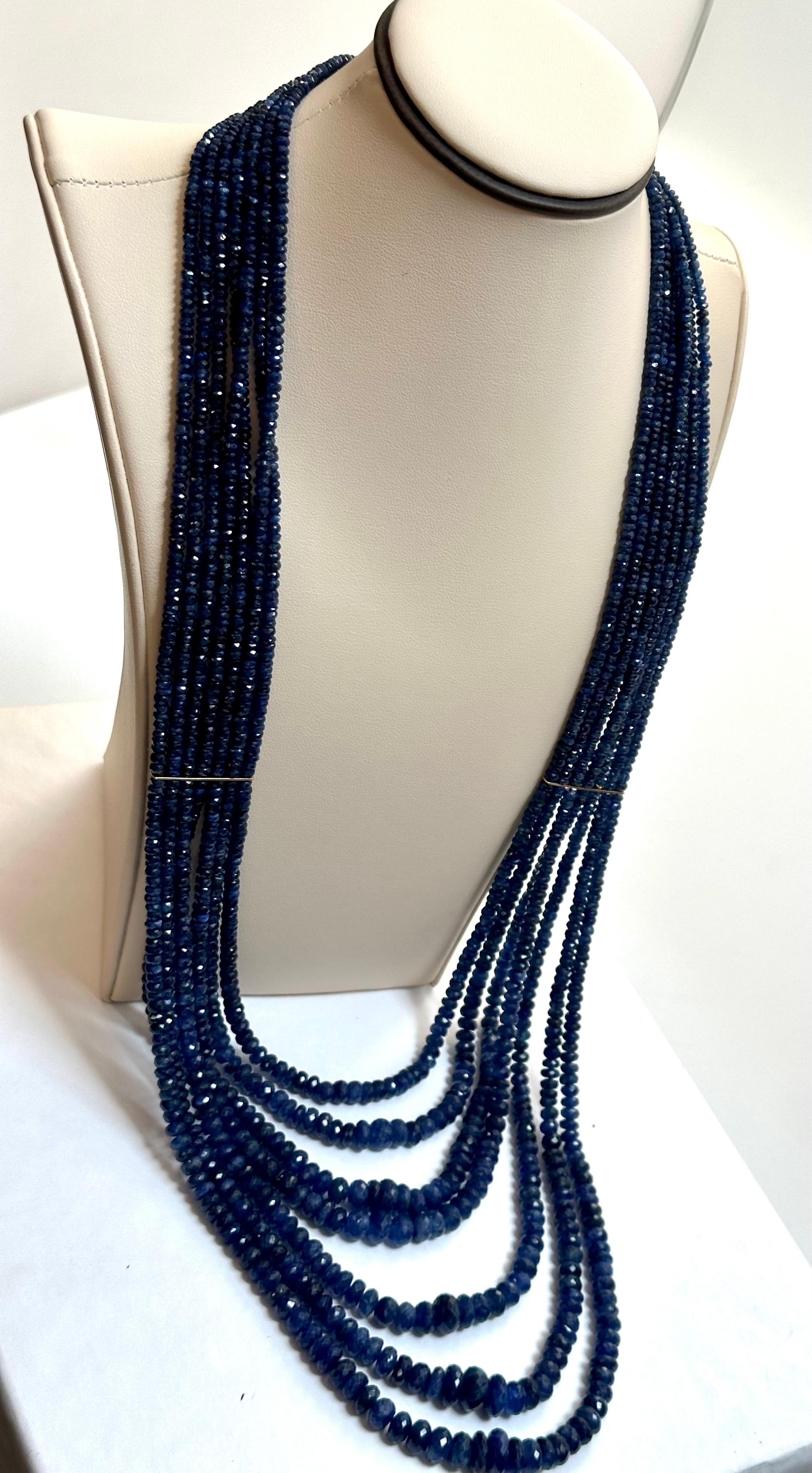 1200 Carat Natural Sapphire Bead Seven Strand Necklace 14k Gold with Spacer, 32  For Sale 11