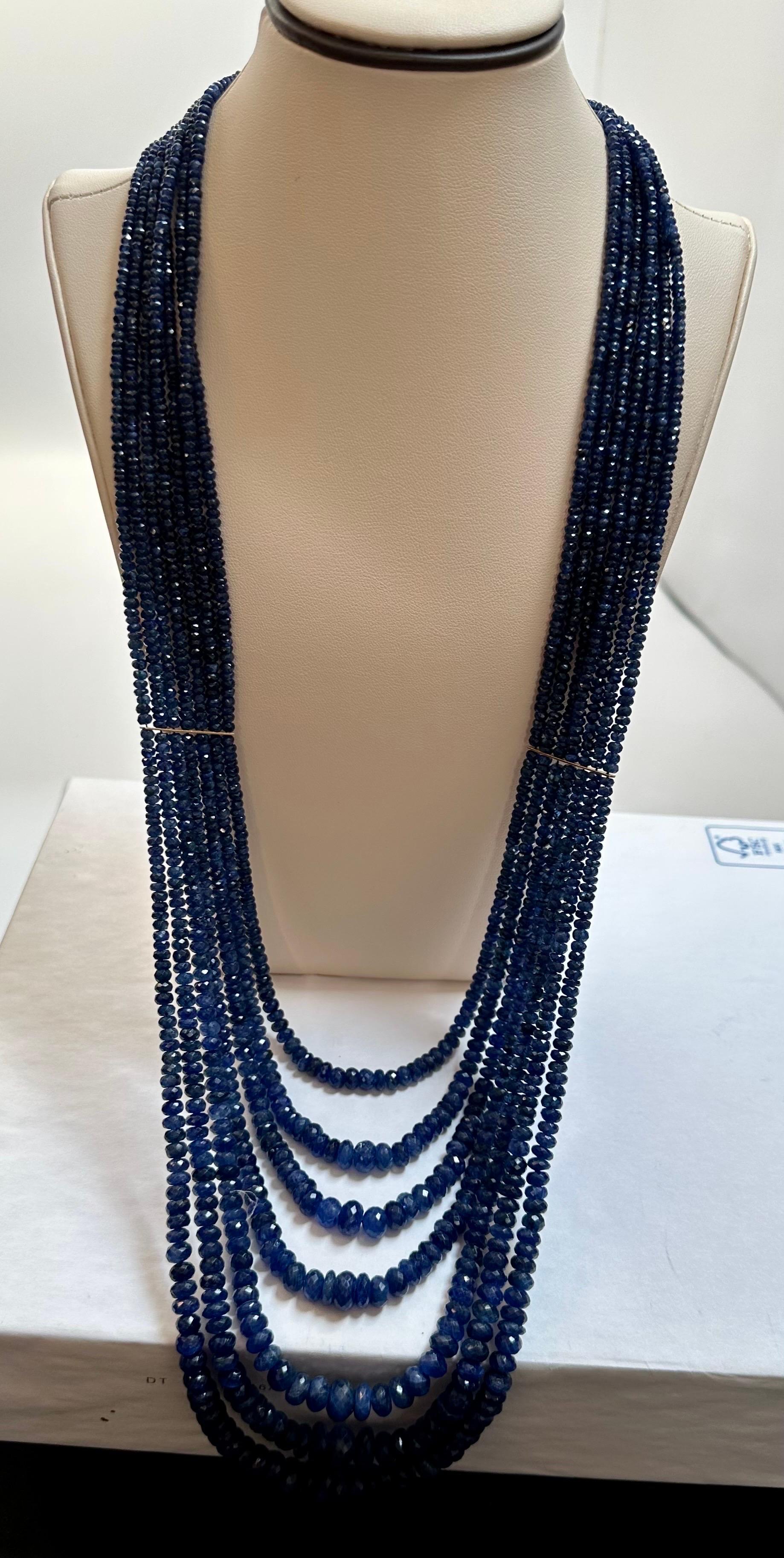 1200 Carat Natural Sapphire Bead Seven Strand Necklace 14k Gold with Spacer, 32  For Sale 12