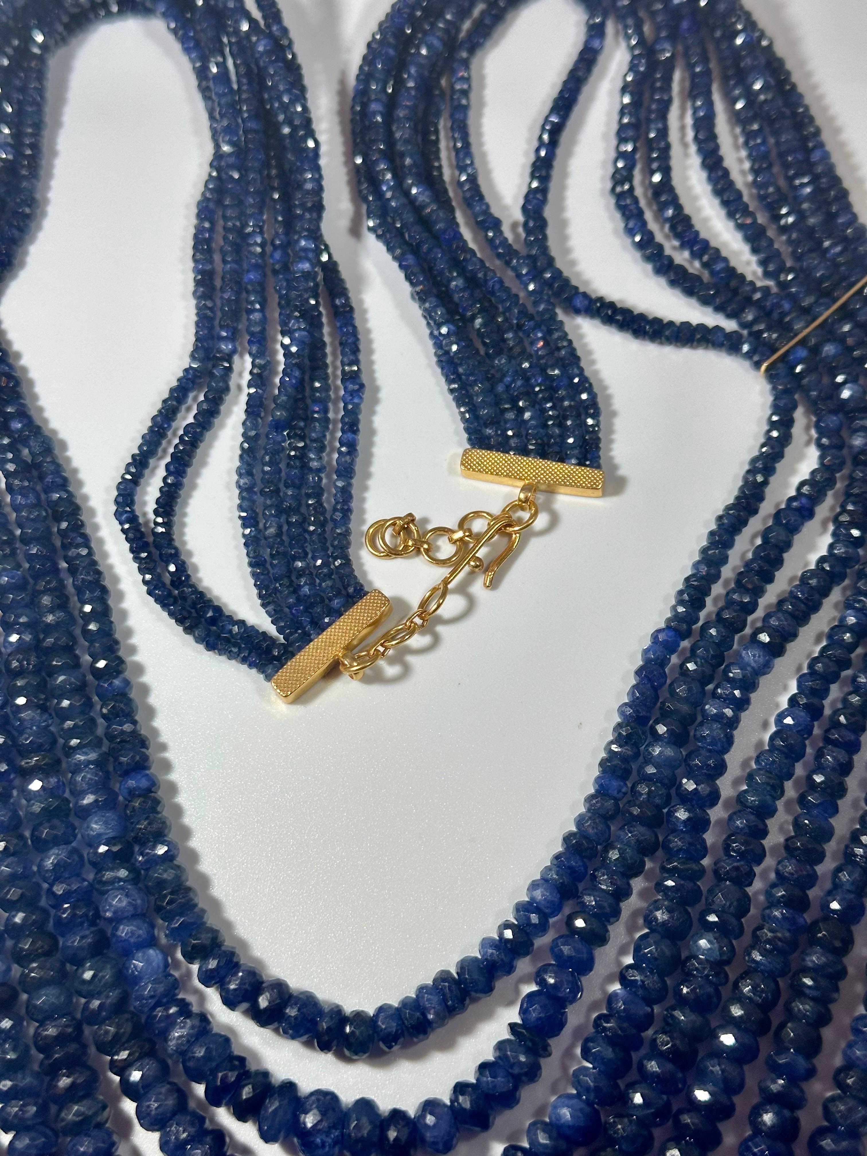 1200 Carat Natural Sapphire Bead Seven Strand Necklace 14k Gold with Spacer, 32  For Sale 1