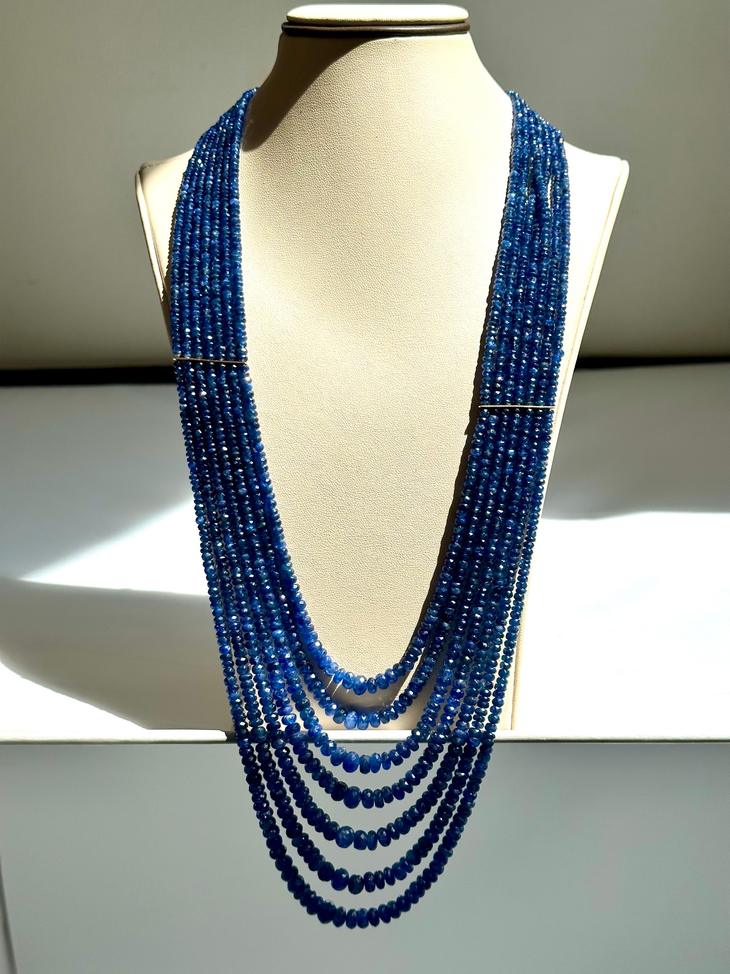 1200 Carat Natural Sapphire Bead Seven Strand Necklace 14k Gold with Spacer, 32  For Sale 6