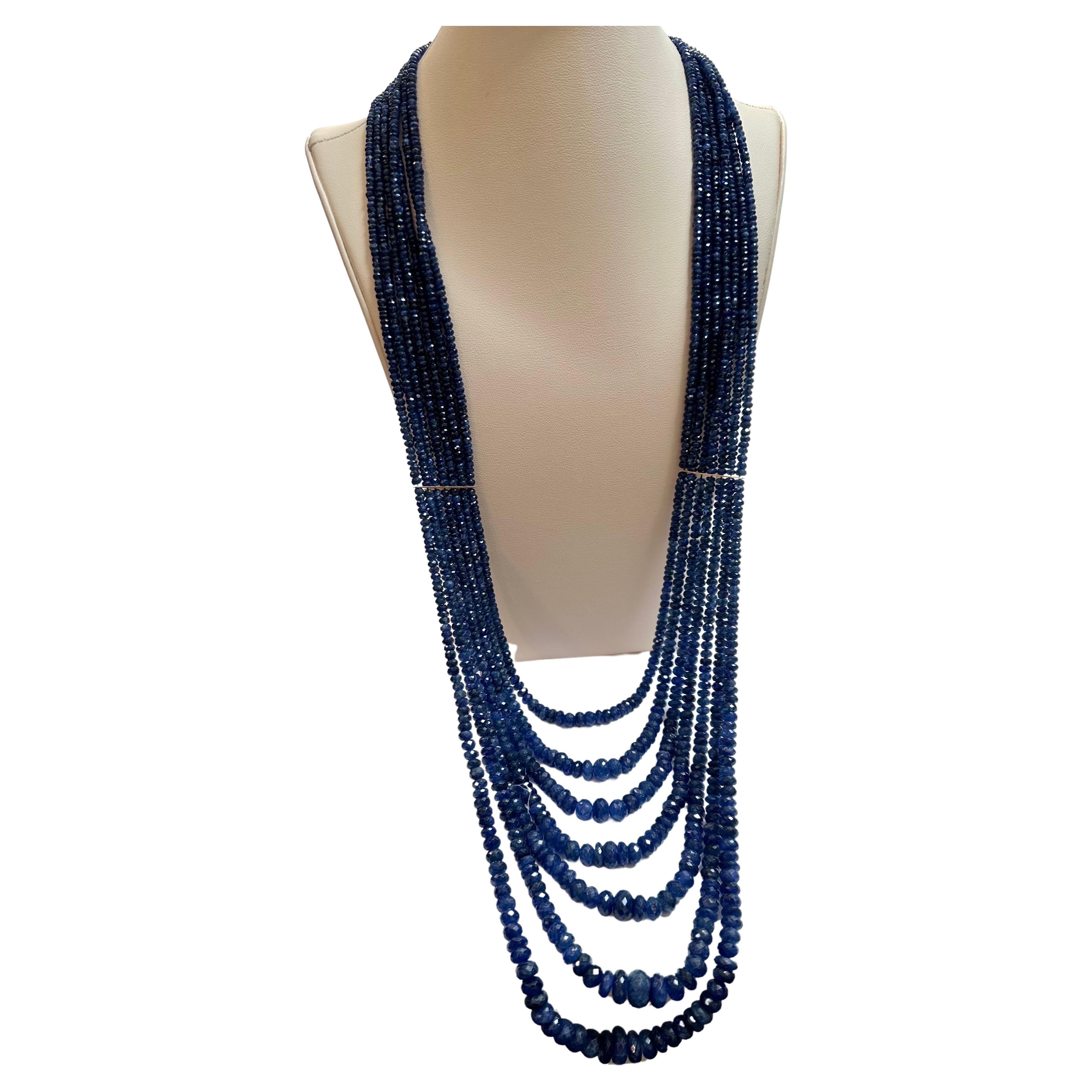 1200 Carat Natural Sapphire Bead Seven Strand Necklace 14k Gold with Spacer, 32  In Excellent Condition For Sale In New York, NY