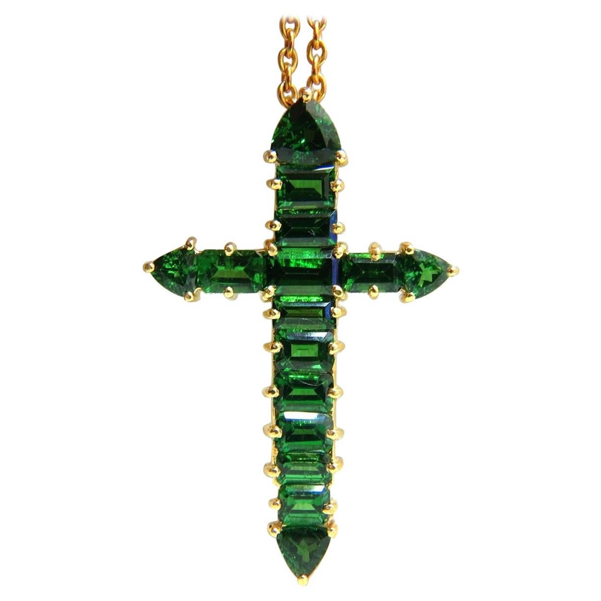 12.00 Carat Natural Vivid Green Tsavorite Cross 18 Karat and Chain* For Sale