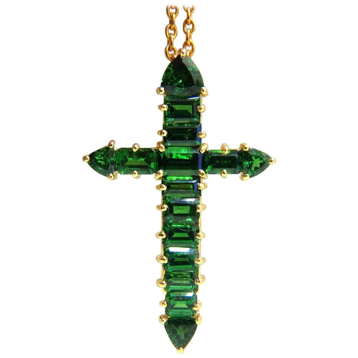 12.00 Carat Natural Vivid Green Tsavorite Cross 18 Karat and Chain For Sale