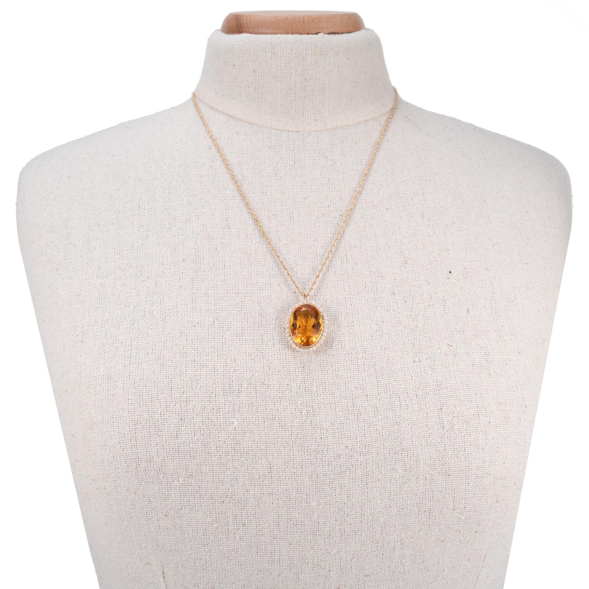 12.00 Carat Orange Citrine Pearl Yellow Gold Pendant Necklace In Good Condition In Stamford, CT