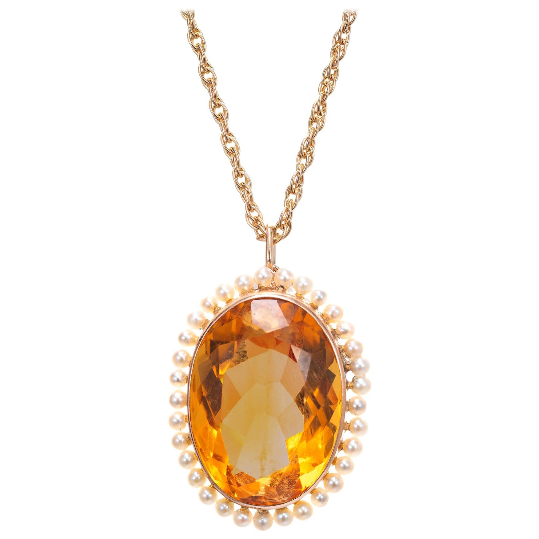12.00 Carat Orange Citrine Pearl Yellow Gold Pendant Necklace