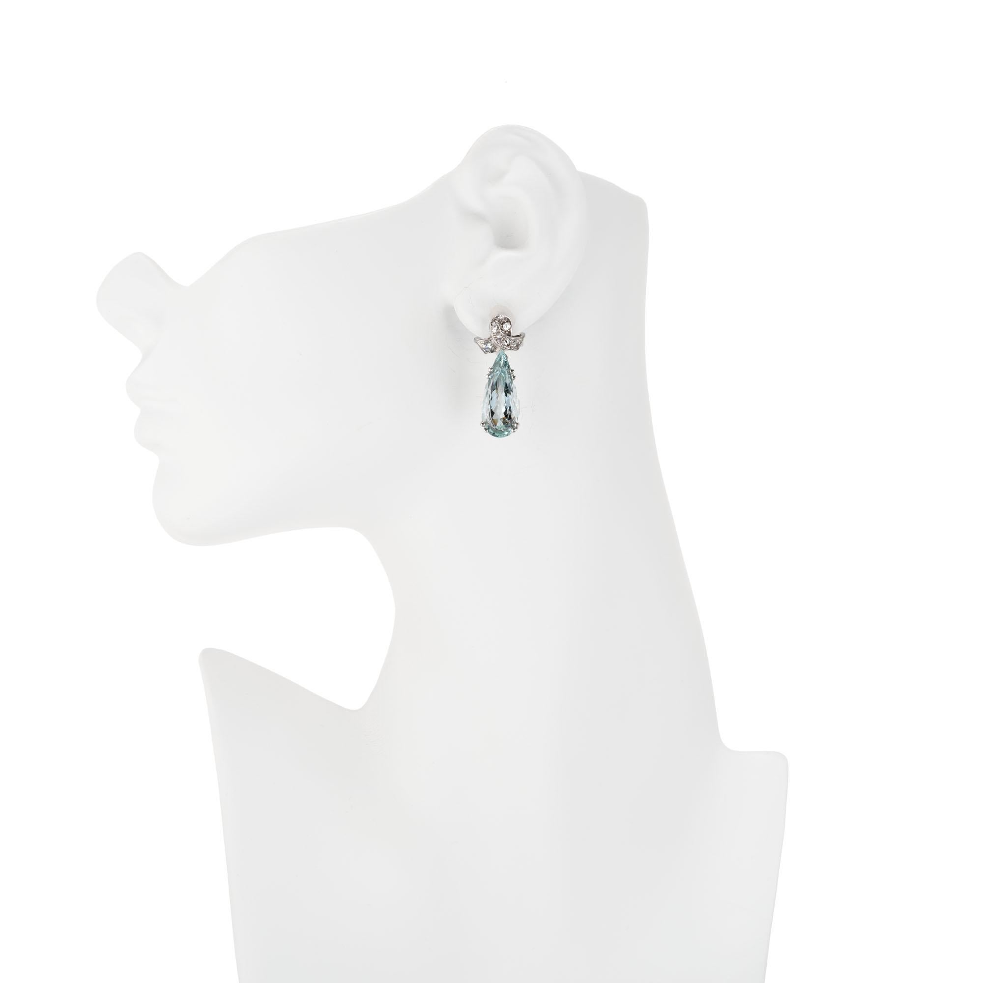 Pear Cut 12.00 Carat Pear Shape Aqua Diamond Dangle Platinum Earrings For Sale