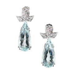 Antique 12.00 Carat Pear Shape Aqua Diamond Dangle Platinum Earrings