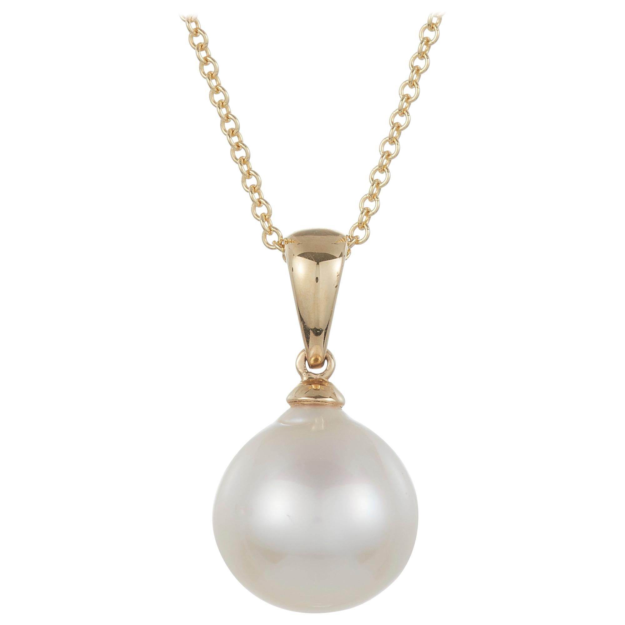 Classic Round White South Sea Pearl Pendant On Chain 14K Yellow Gold