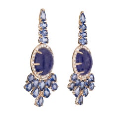 12.00 Carat Tanzanite Sapphire Diamond Yellow Gold Dangle Drop Earrings