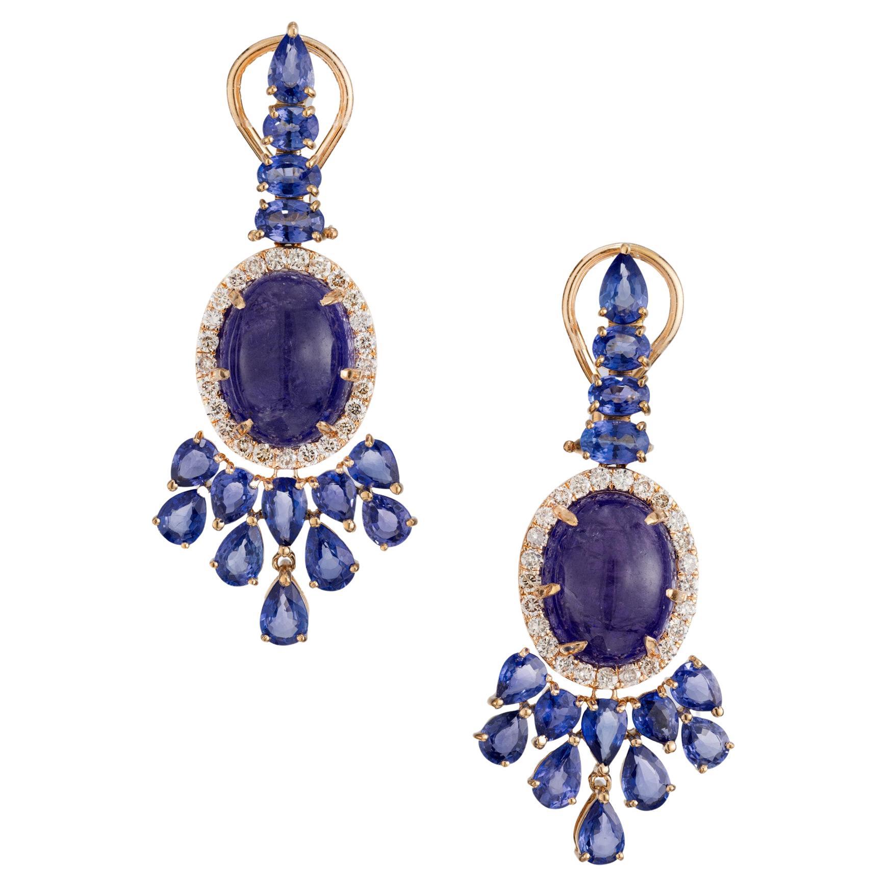 12.00 Carat Tanzanite Sapphire Diamond Yellow Gold Dangle Drop Earrings