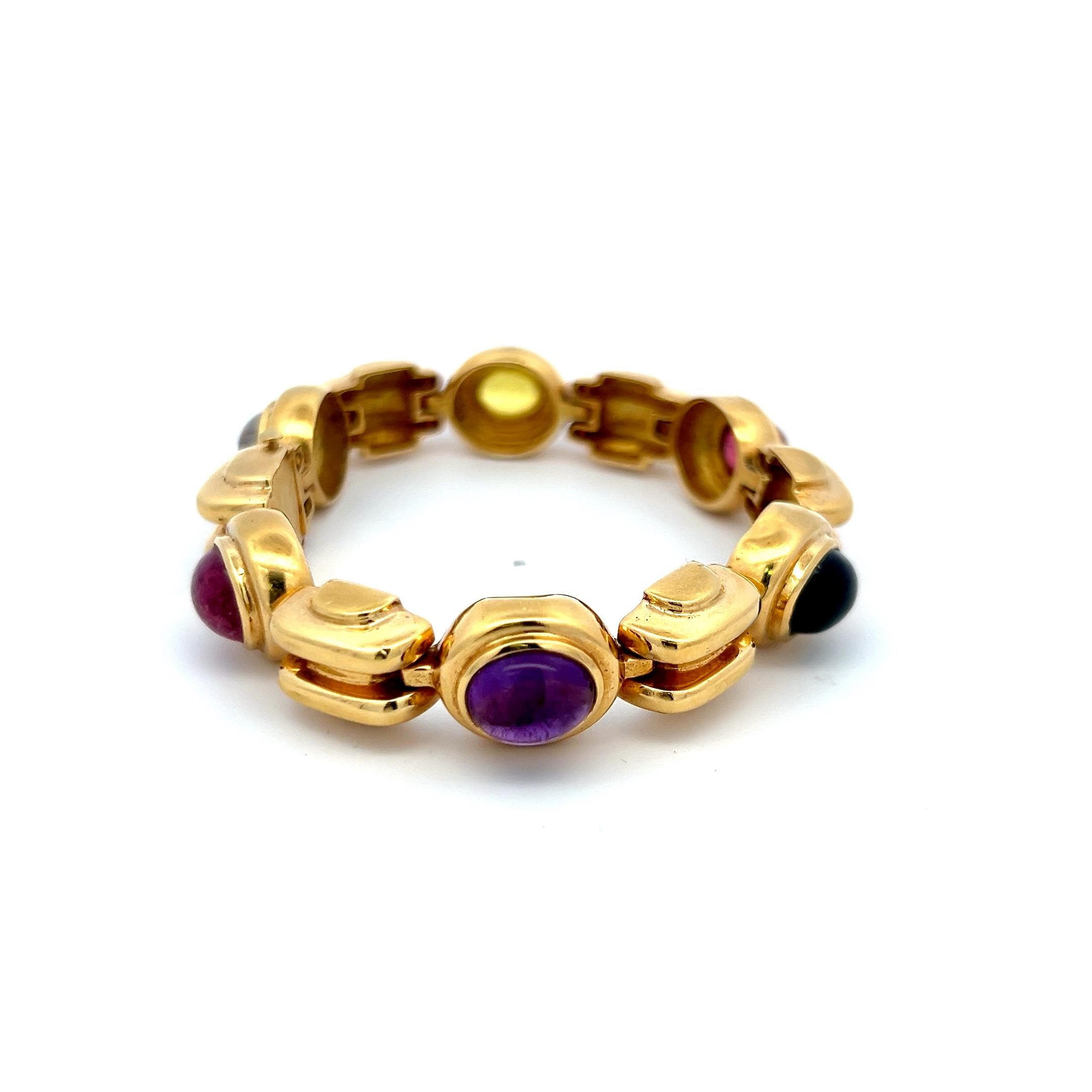 Title:
12.00 Carat Tourmaline 4.00 Carat Amethysts 4.00 Carat Sapphire 18 Karat Yellow Gold Link Bracelet


Style:
Link


Metal:
18 Karat Yellow Gold


Gemstone 1:
12 Carat TURM


Number of Stones:
3


Gemstone 2:
4 Carat AMET


Number of