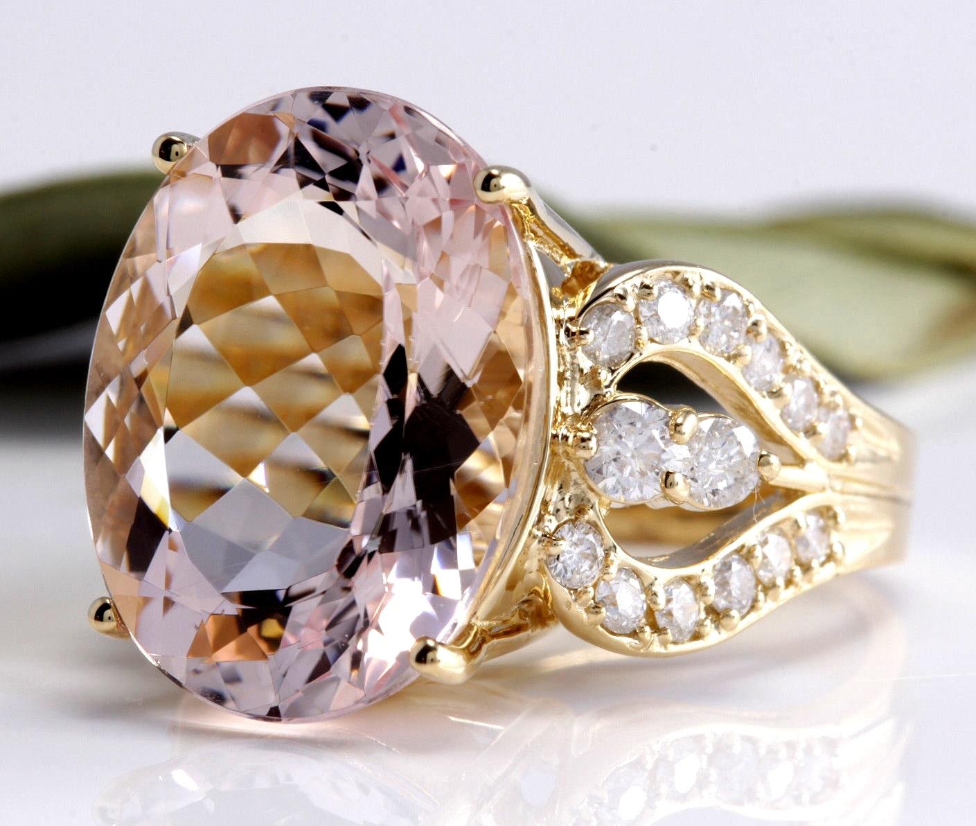 12.00 Carats Exquisite Natural Morganite and Diamond 14K Solid Yellow Gold Ring

Suggested Replacement Value: $7,900.00

Total Natural Oval Shaped Morganite Weights: Approx. 11.00 Carats 

Morganite Measures: Approx. 16.00 x 12.00mm

Natural Round