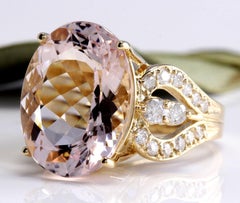 12.00 Carats Exquisite Natural Morganite and Diamond 14K Solid Yellow Gold Ring